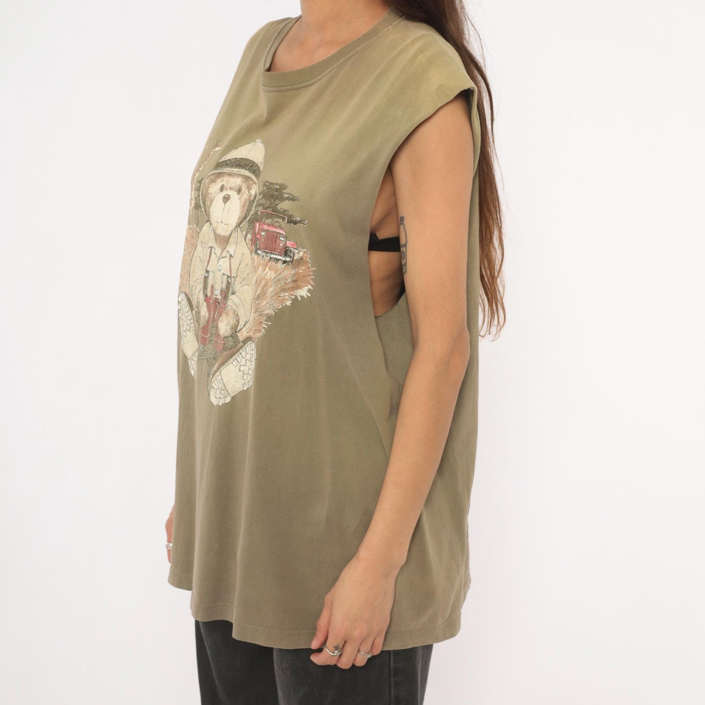 90s Northwest Blue Safari Bear Graphic Tank Top Olive Green Extra Large