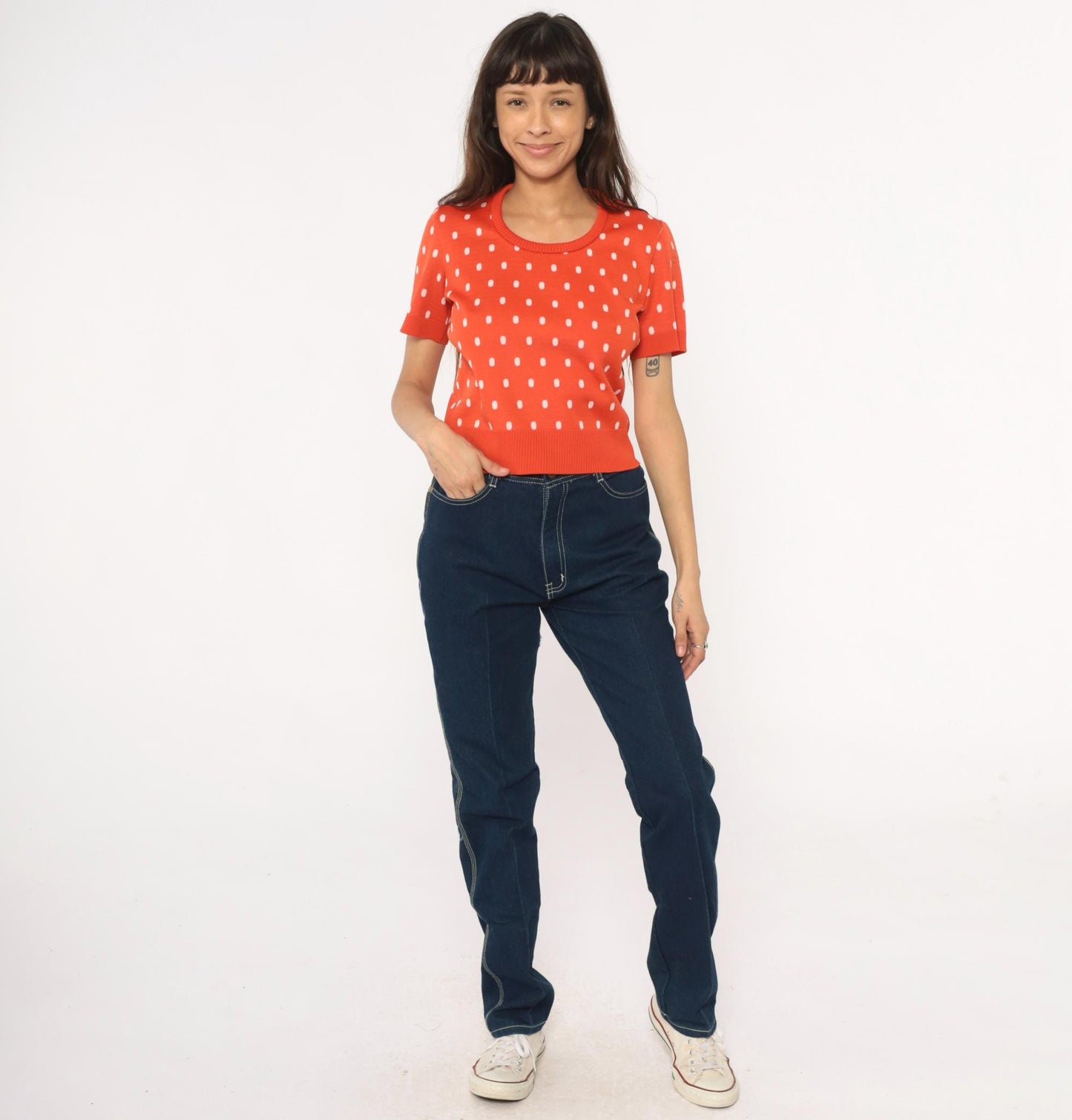 70s Coral Polka Dot Sweater Top Short Sleeve Cropped Knit Zip Back Medium