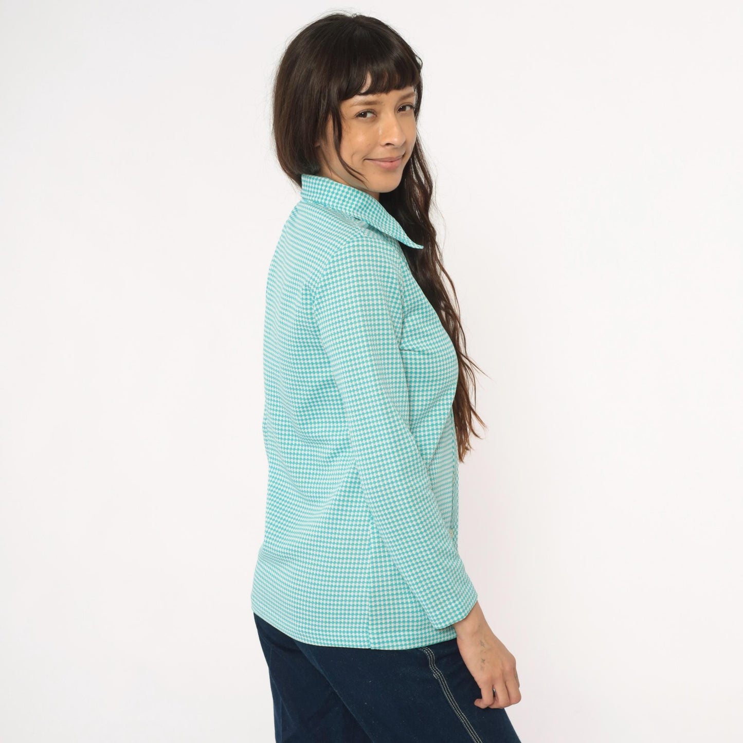 70s Turquoise Gingham Button-Front Shirt Chest Pocket Long Sleeve Small