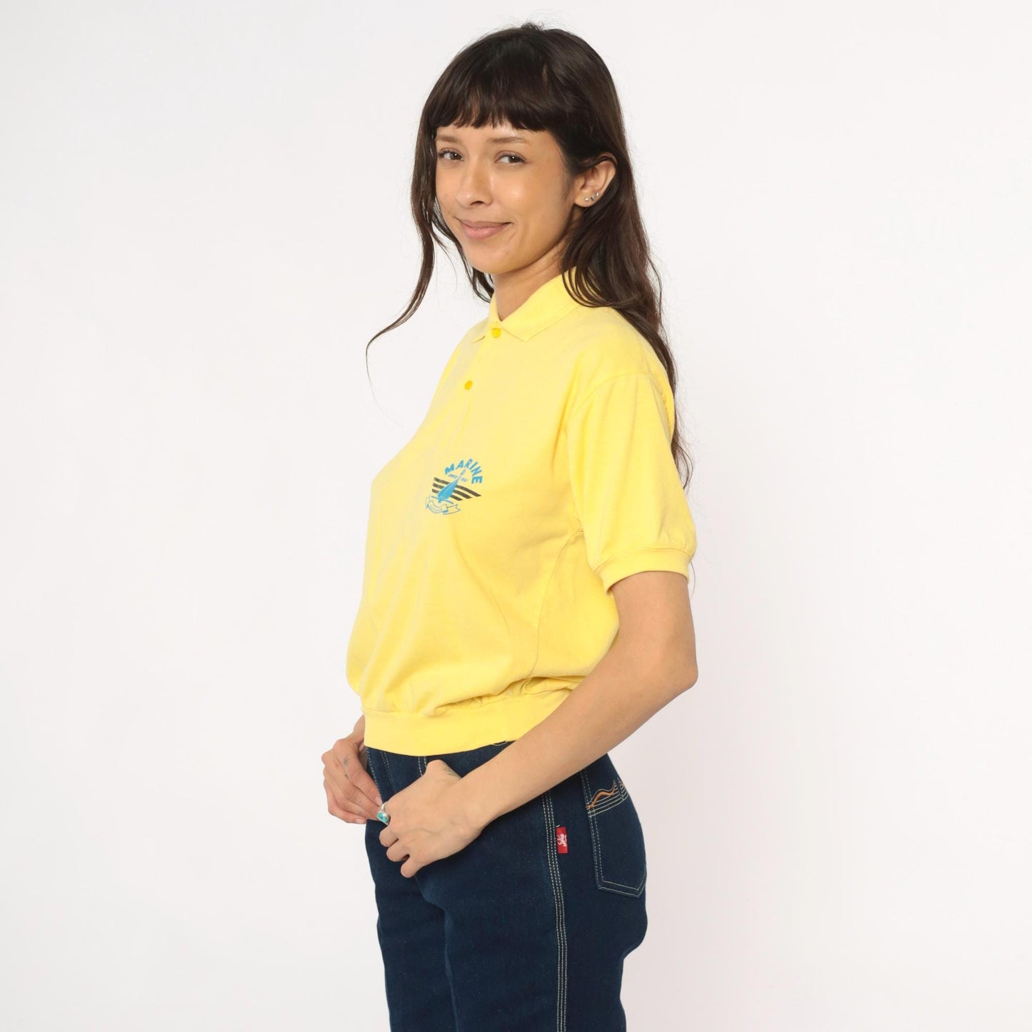 80s Yellow Polo Shirt Marine Seafarer Sailboat Graphic Collared Medium