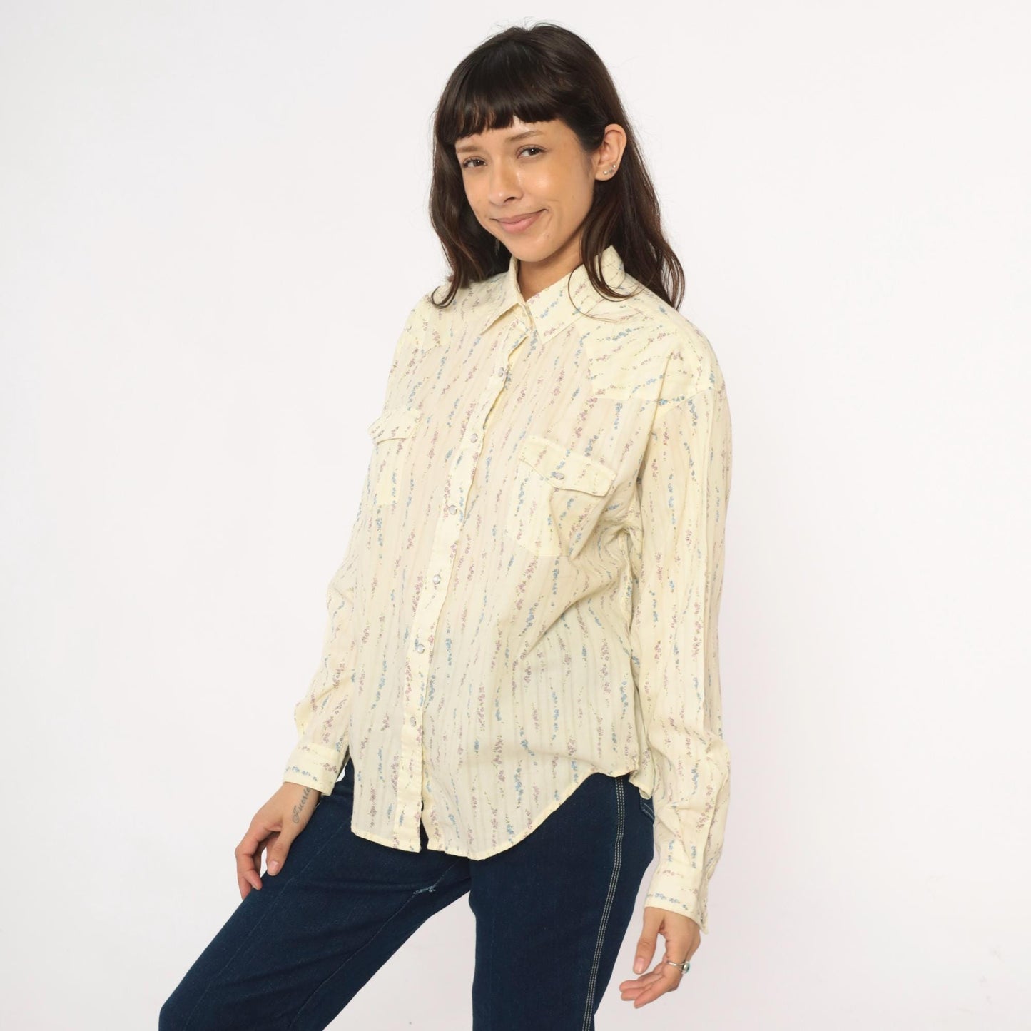 Y2K White Horse Western Shirt Pearl Snap Floral Stripe Cream Large L