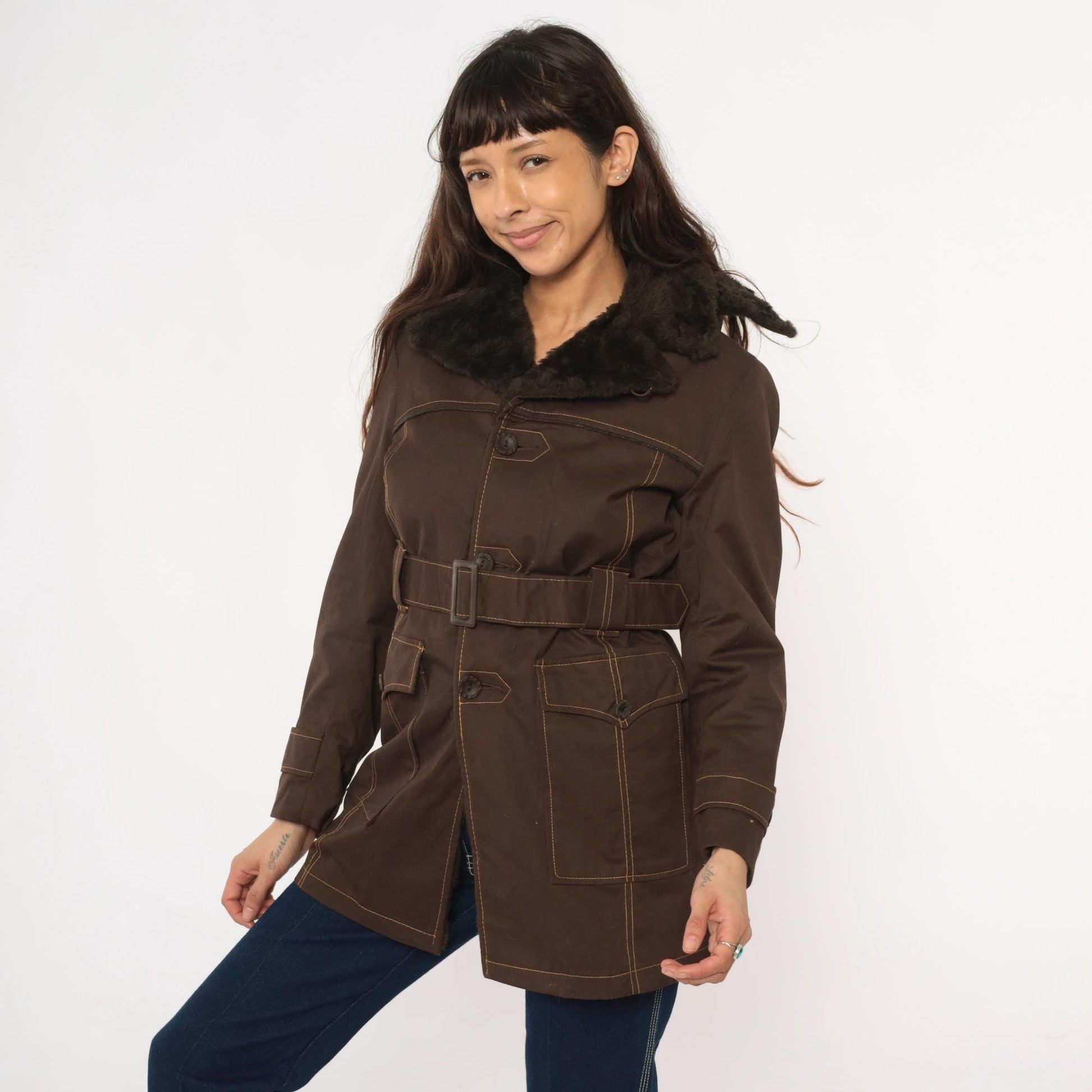 70s McGrégor Brown Parka Detachable Hood Faux Fur Collar Small