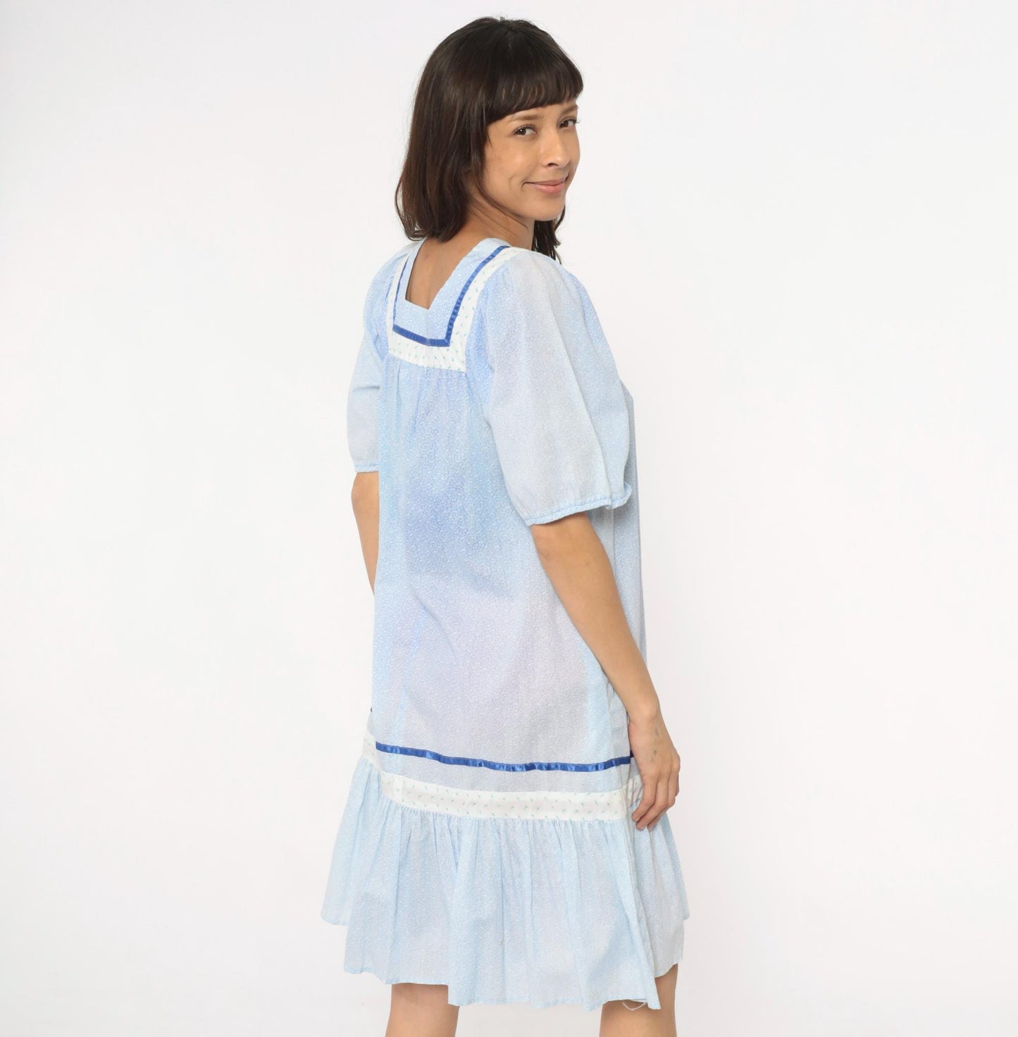 80s Light Blue Hawaiian Dress Cotton Puff Sleeve Square Neck Empire Waist Extra Small