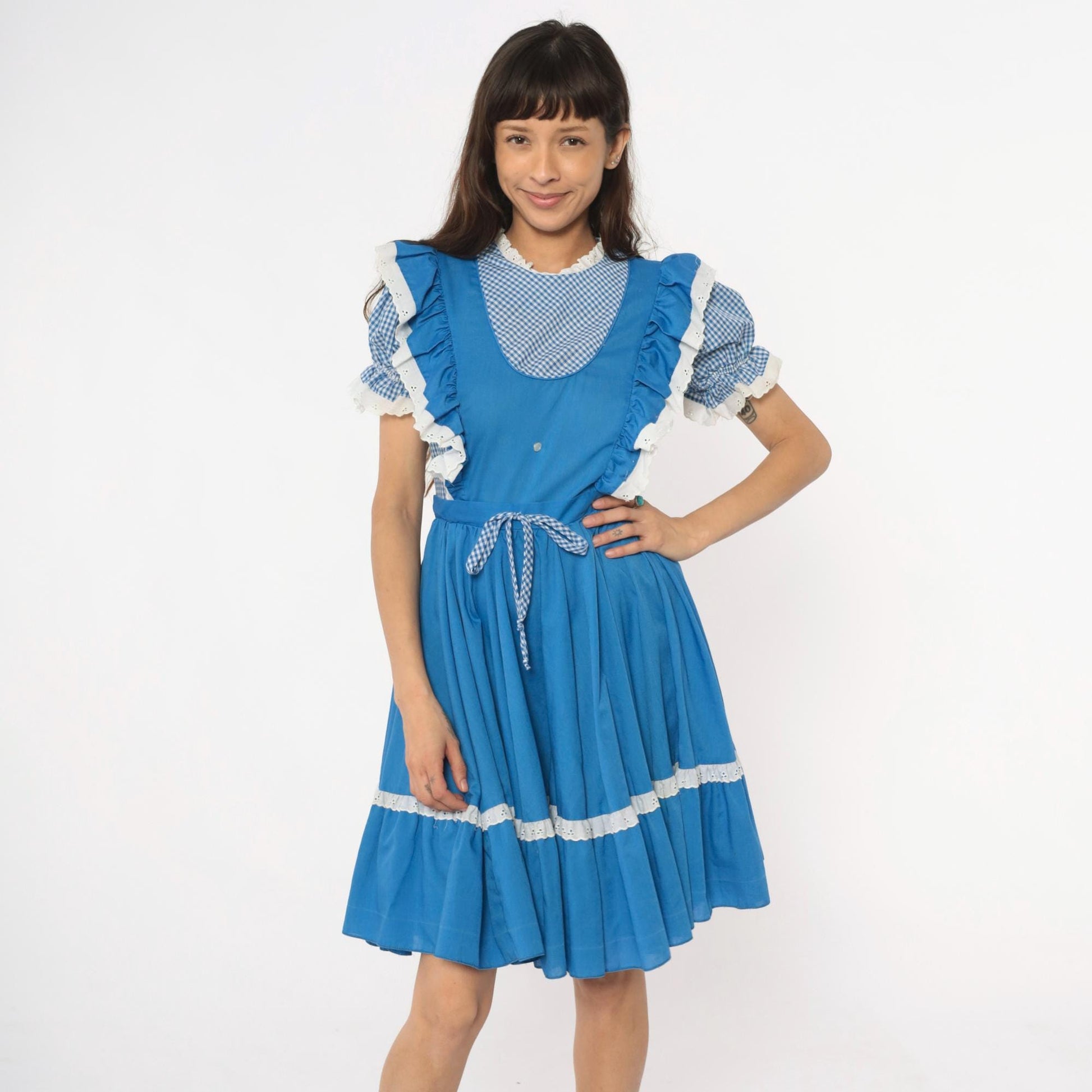 80s Jeri Bee Blue Gingham Pinafore Dress Eyelet Lace Puff Sleeve Small Medium