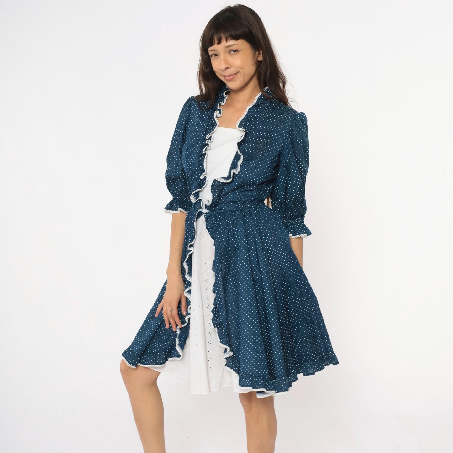 80s Navy Polka Dot Square Dance Dress White Eyelet Ruffle Cotton Small