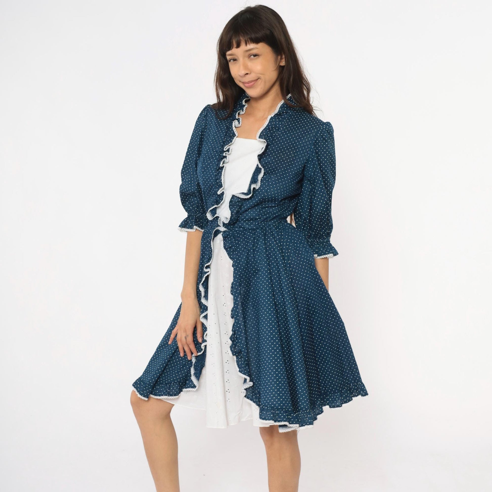 80s Navy Polka Dot Square Dance Dress White Eyelet Ruffle Cotton Small