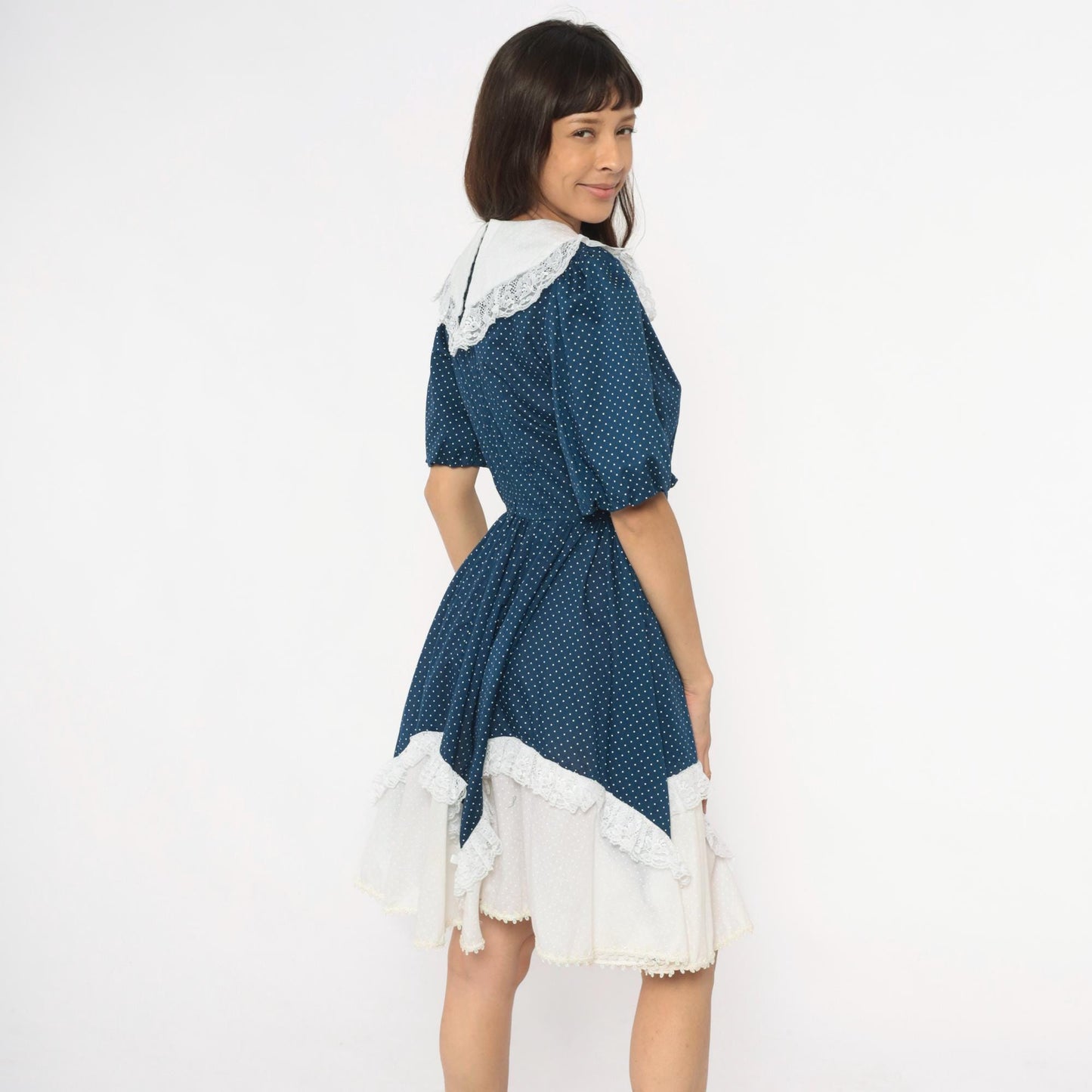 80s Navy Polka Dot Dress Puff Sleeve Lace Collar Handkerchief Hem Medium M