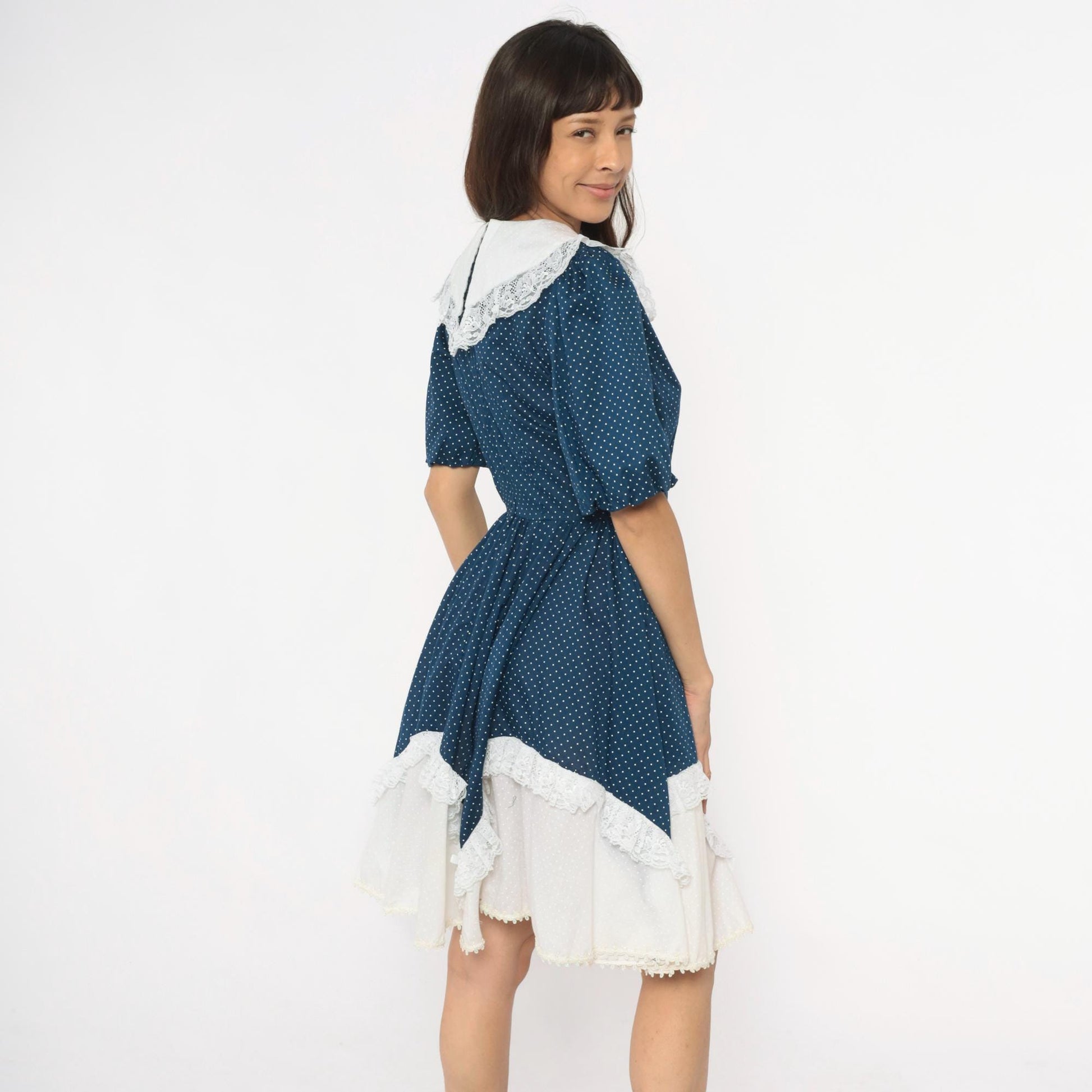 80s Navy Polka Dot Dress Puff Sleeve Lace Collar Handkerchief Hem Medium M
