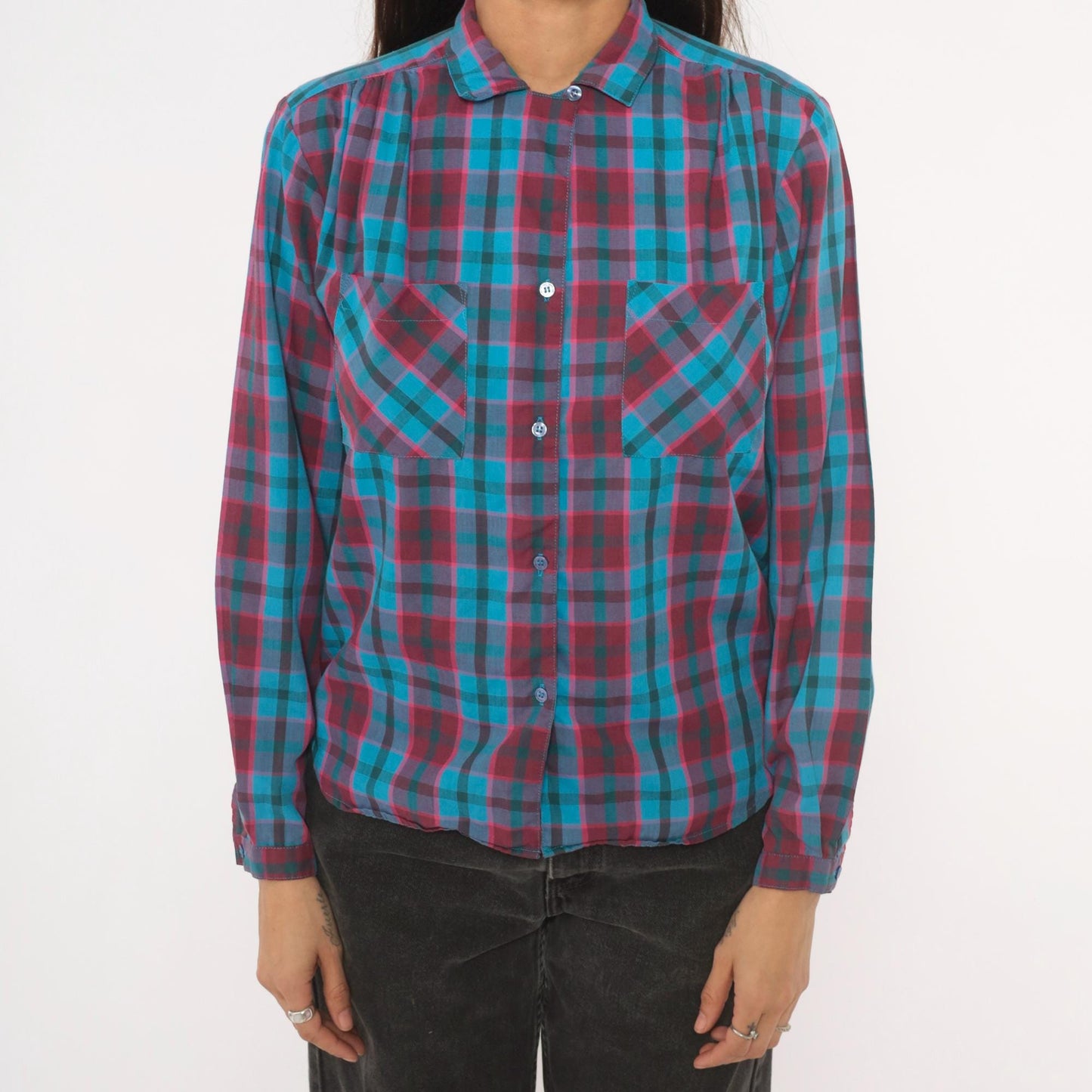 80s Quality Fashion Plaid Button-Up Blouse Teal Magenta Check Pointed Collar Large L