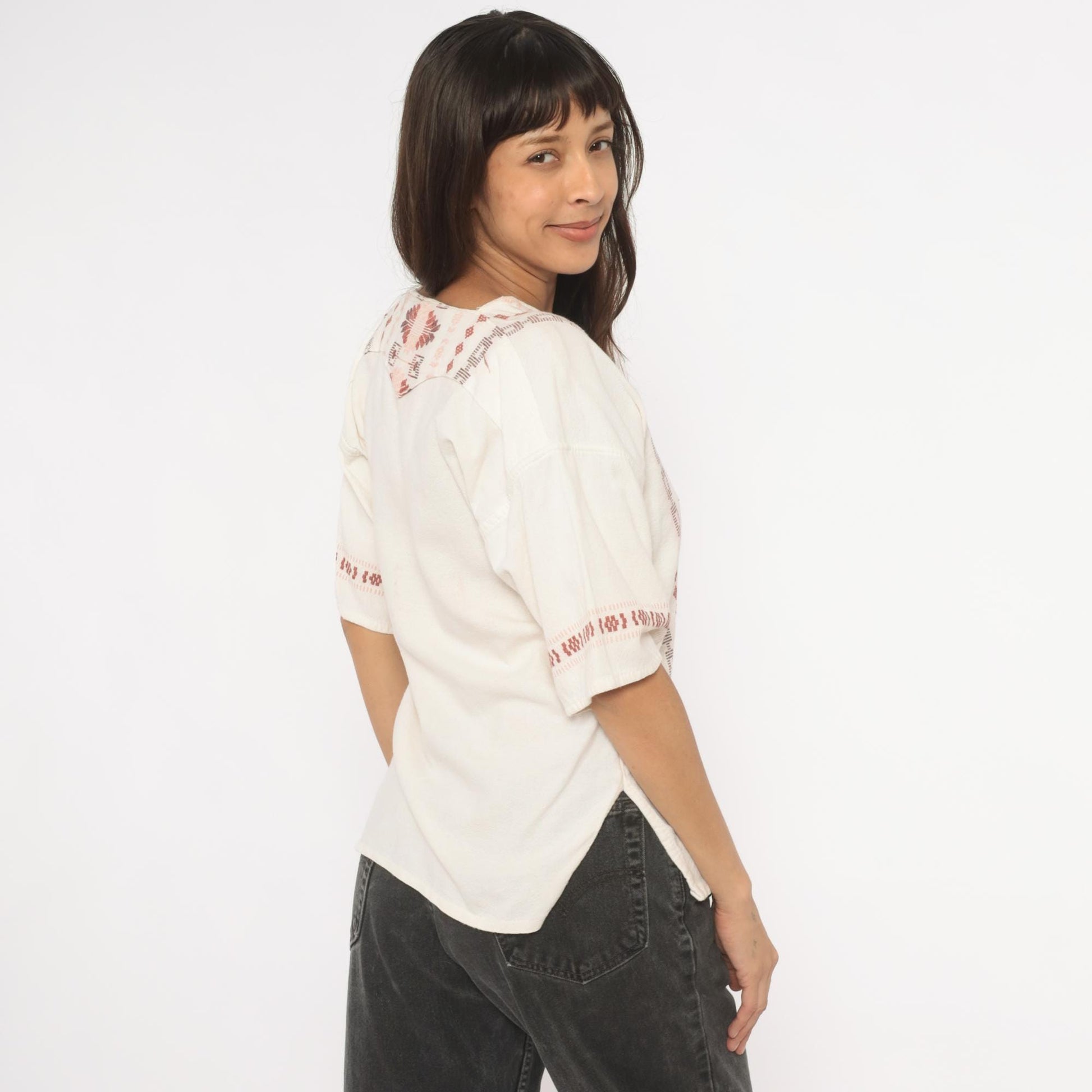 90s Cream Embroidered Blouse Cotton V-Neck Puff Sleeve Pullover Small S