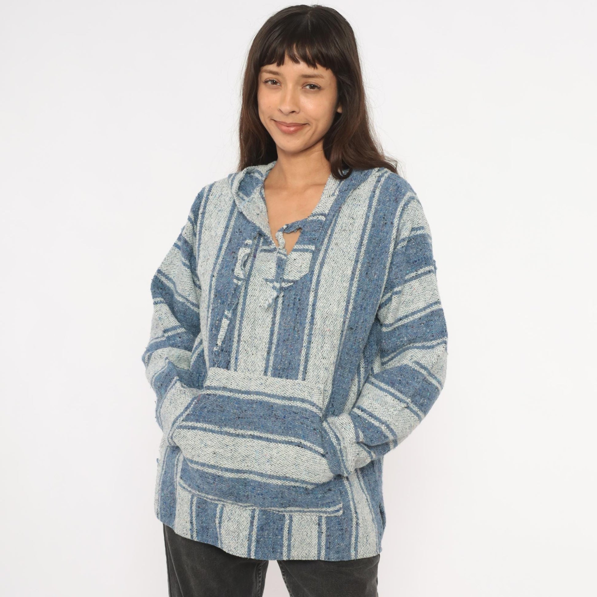 2000s Yarina Threads Blue Striped Baja Hoodie Woven Pullover Medium M