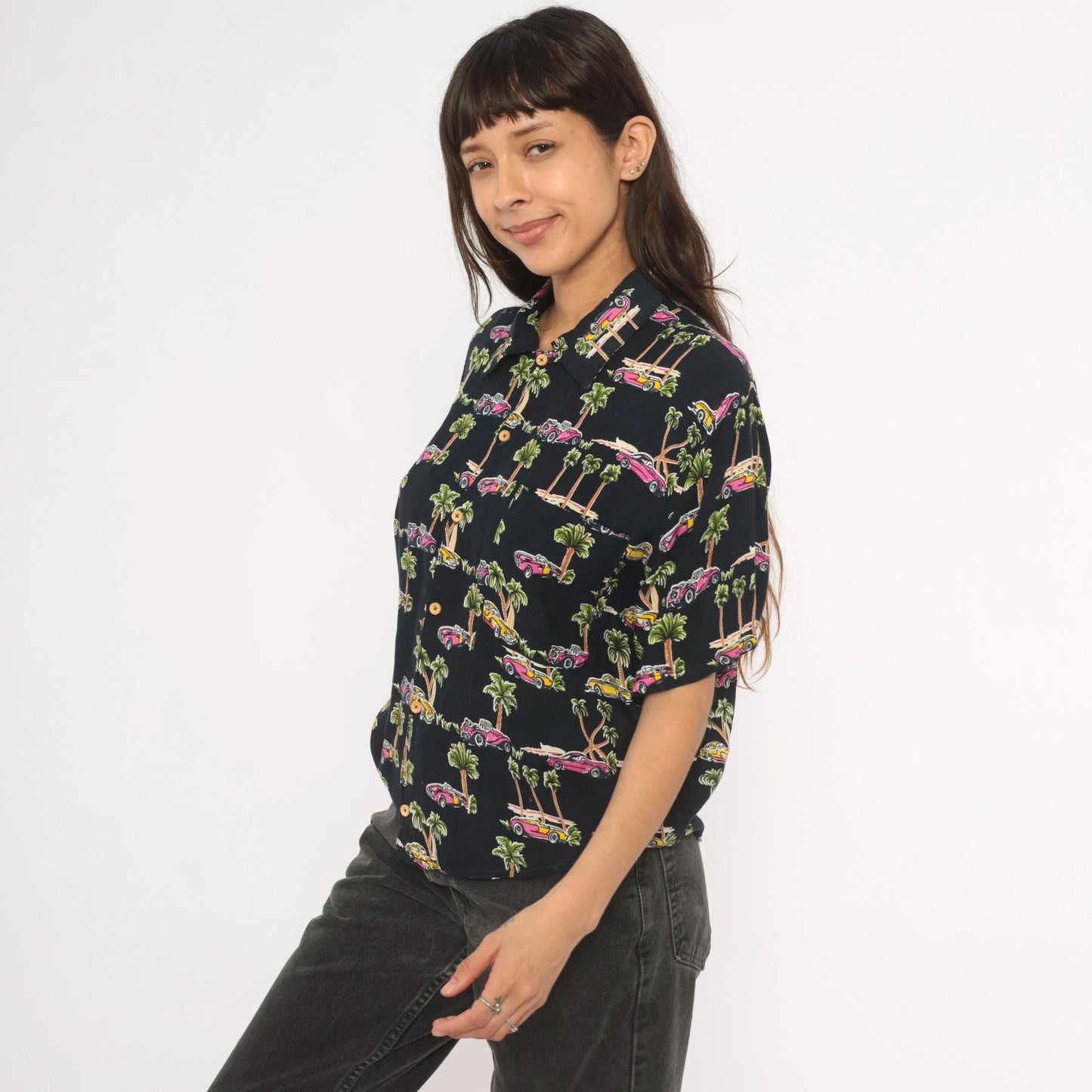 90s Classic Cars Hawaiian Shirt Black Pink Yellow Palm Tree Camp Collar XS
