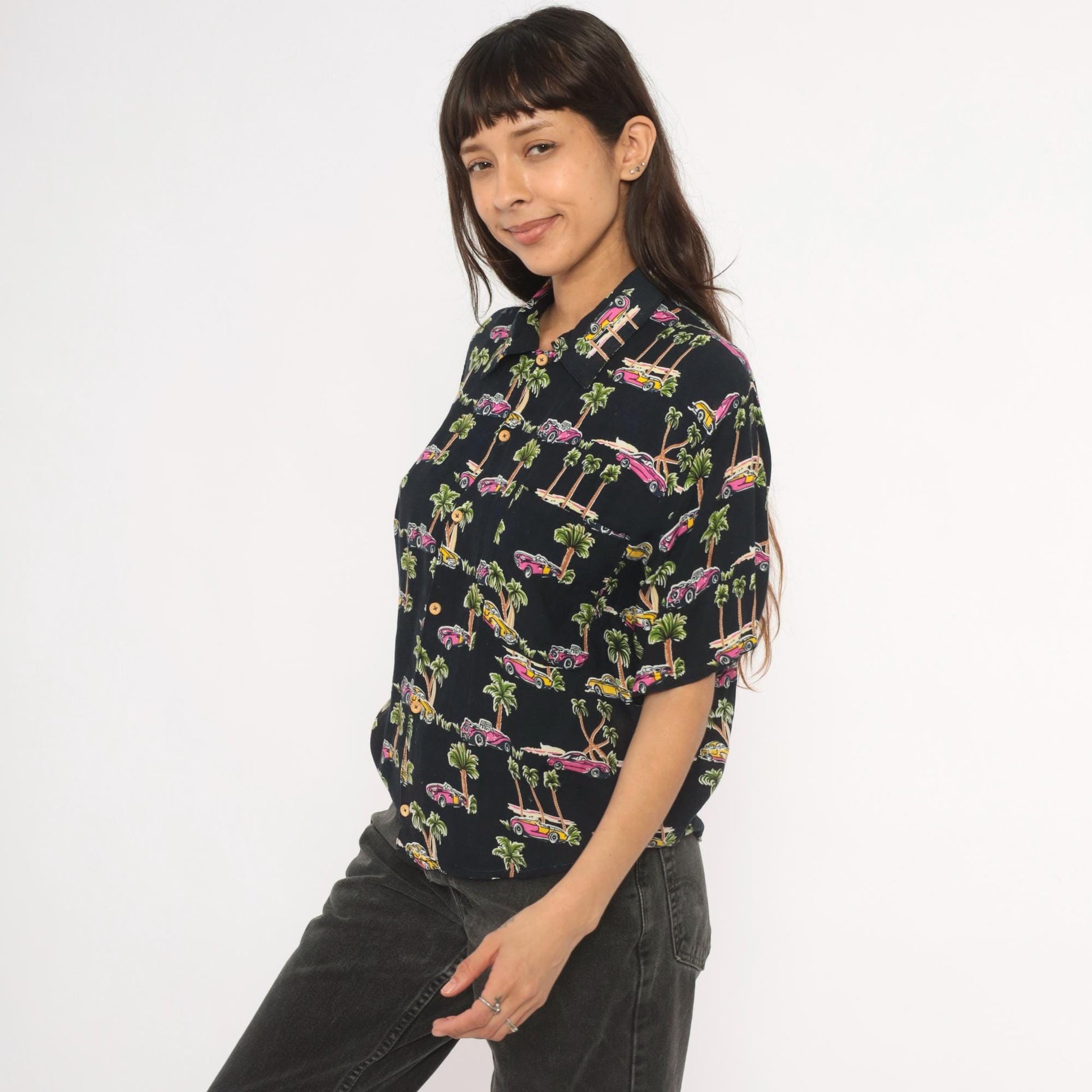 90s Classic Cars Hawaiian Shirt Black Pink Yellow Palm Tree Camp Collar XS
