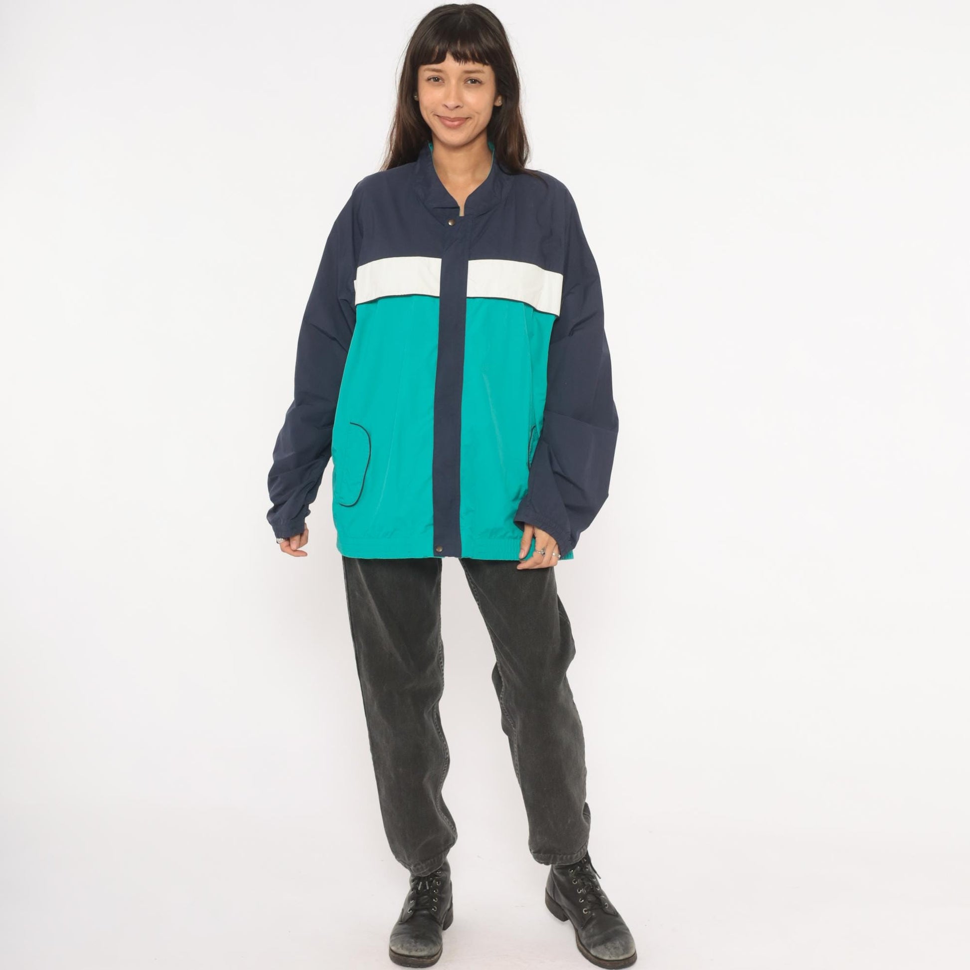 90s Tourney Colorblock Windbreaker Teal Navy White Snap Jacket Extra Large XL