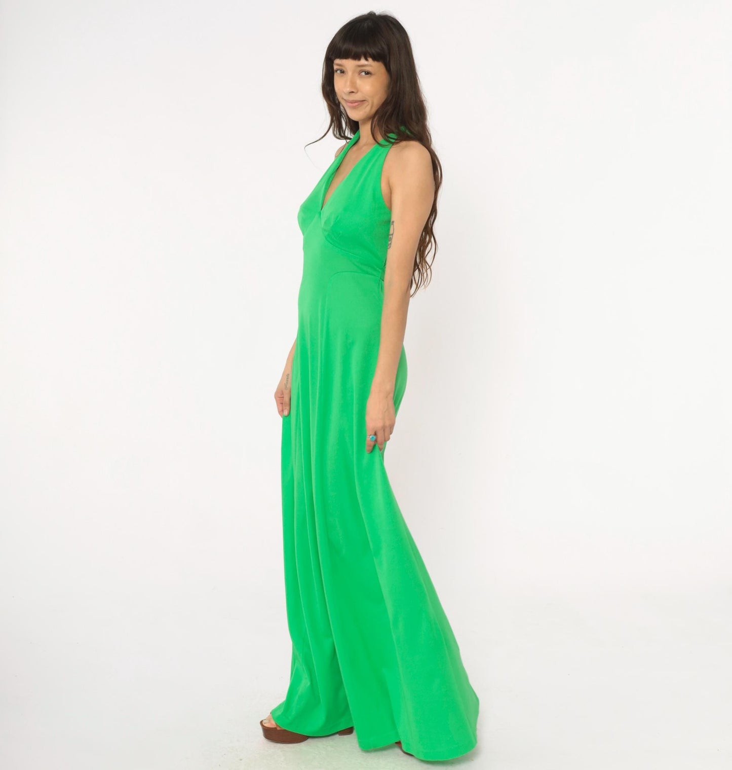 70s Green Halter Maxi Dress Deep V Neck Tie Waist Empire A-Line Medium