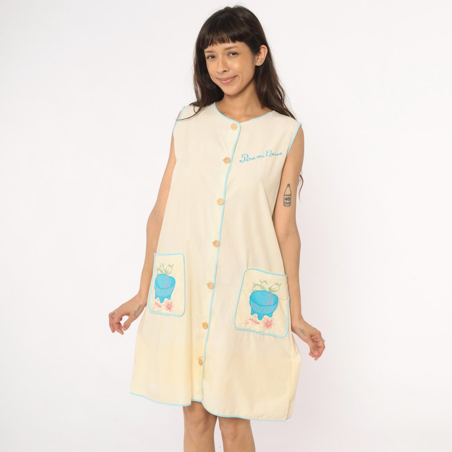 80s Yellow Cotton House Dress Para Mi Cocina Embroidered Molcajete Medium