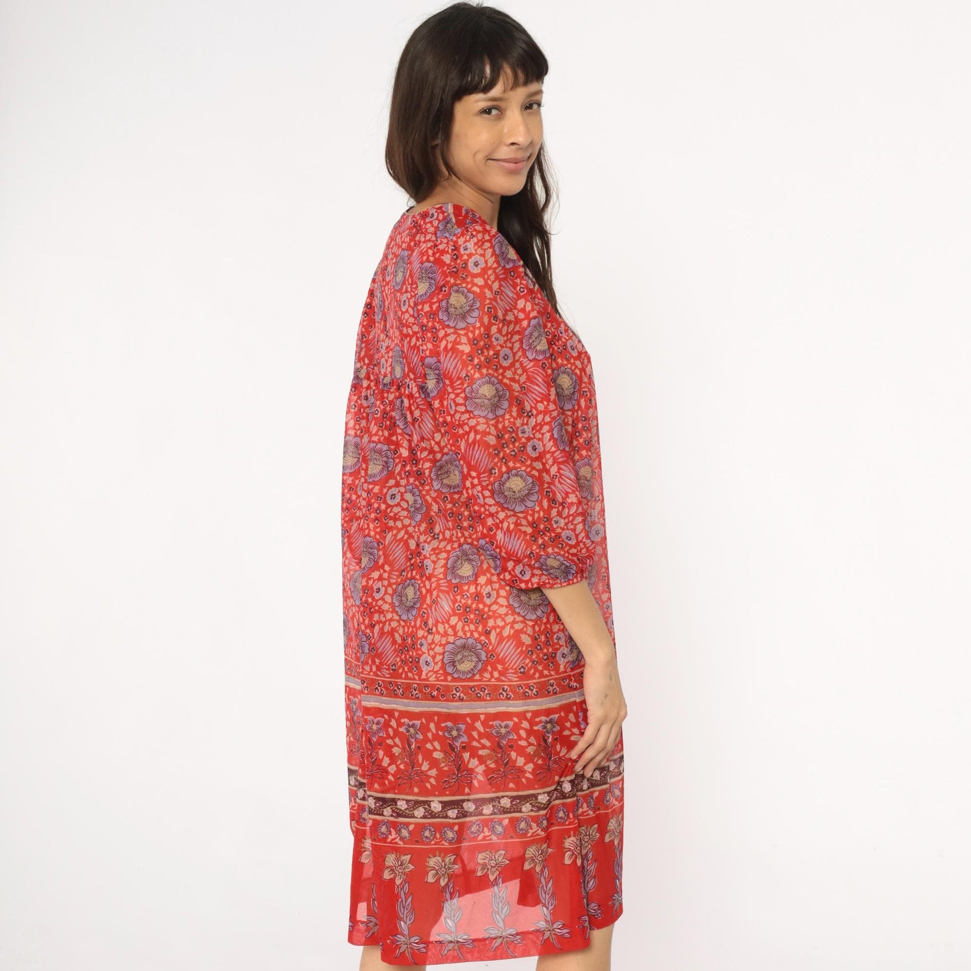 70s Floral Shift Dress Red Coral V-Neck Knee Length Three-Quarter Sleeve Medium Large