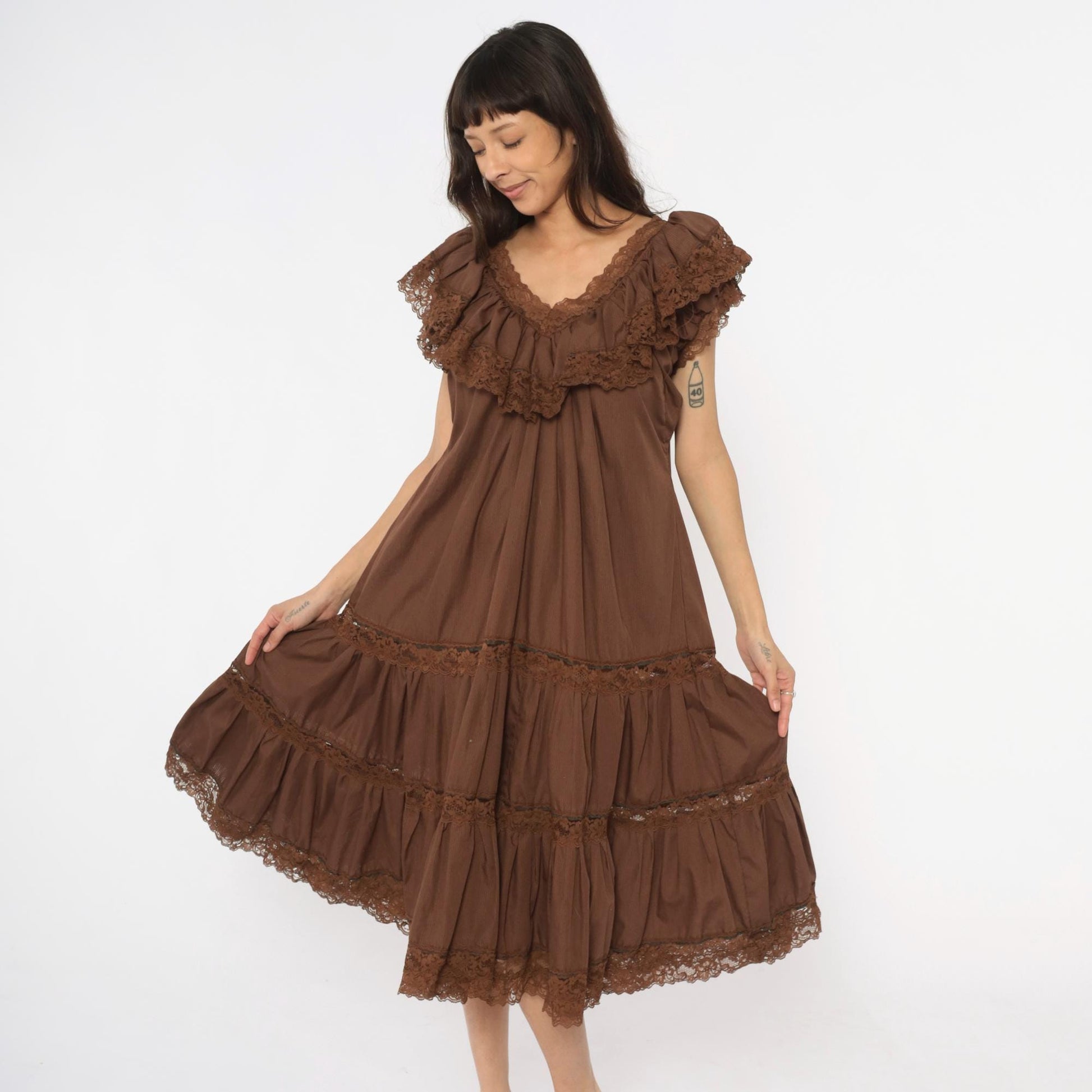 80s Brown Tiered Prairie Dress Lace Trim Cap Sleeve Midi Medium Large