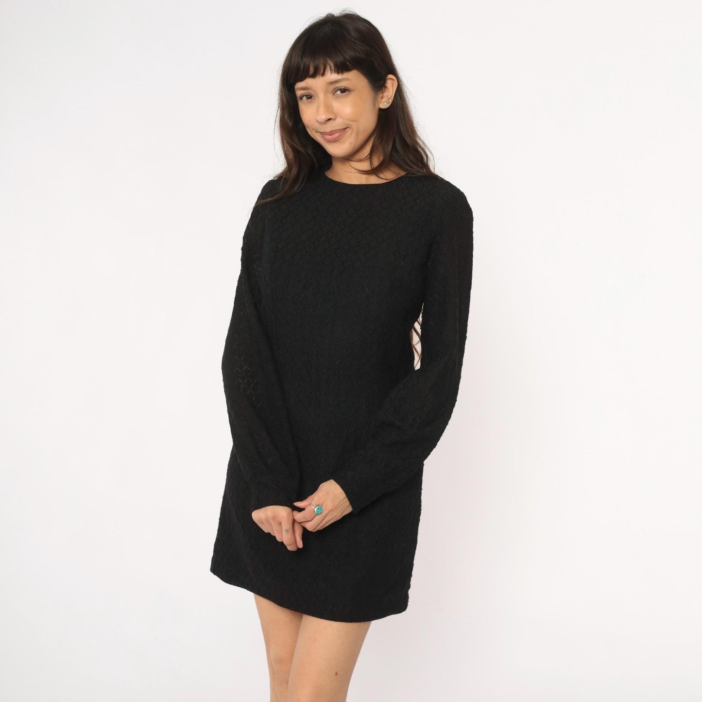 60s Black Mini Dress Diamond Quilted Long Sleeve Crew Neck Small