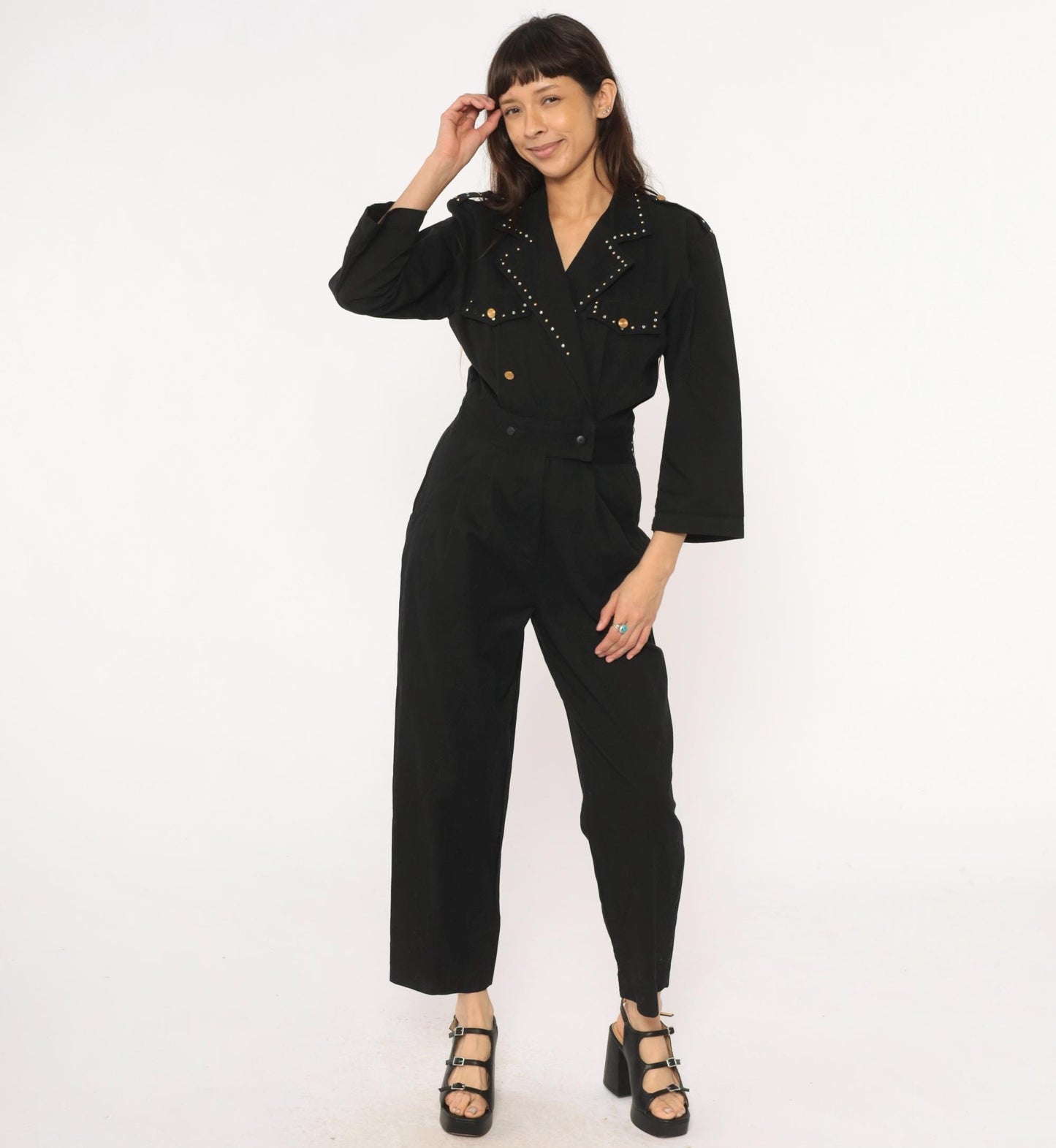 90s D Frank Black Cotton Jumpsuit Rhinestone V-Neck Wide Leg Small S