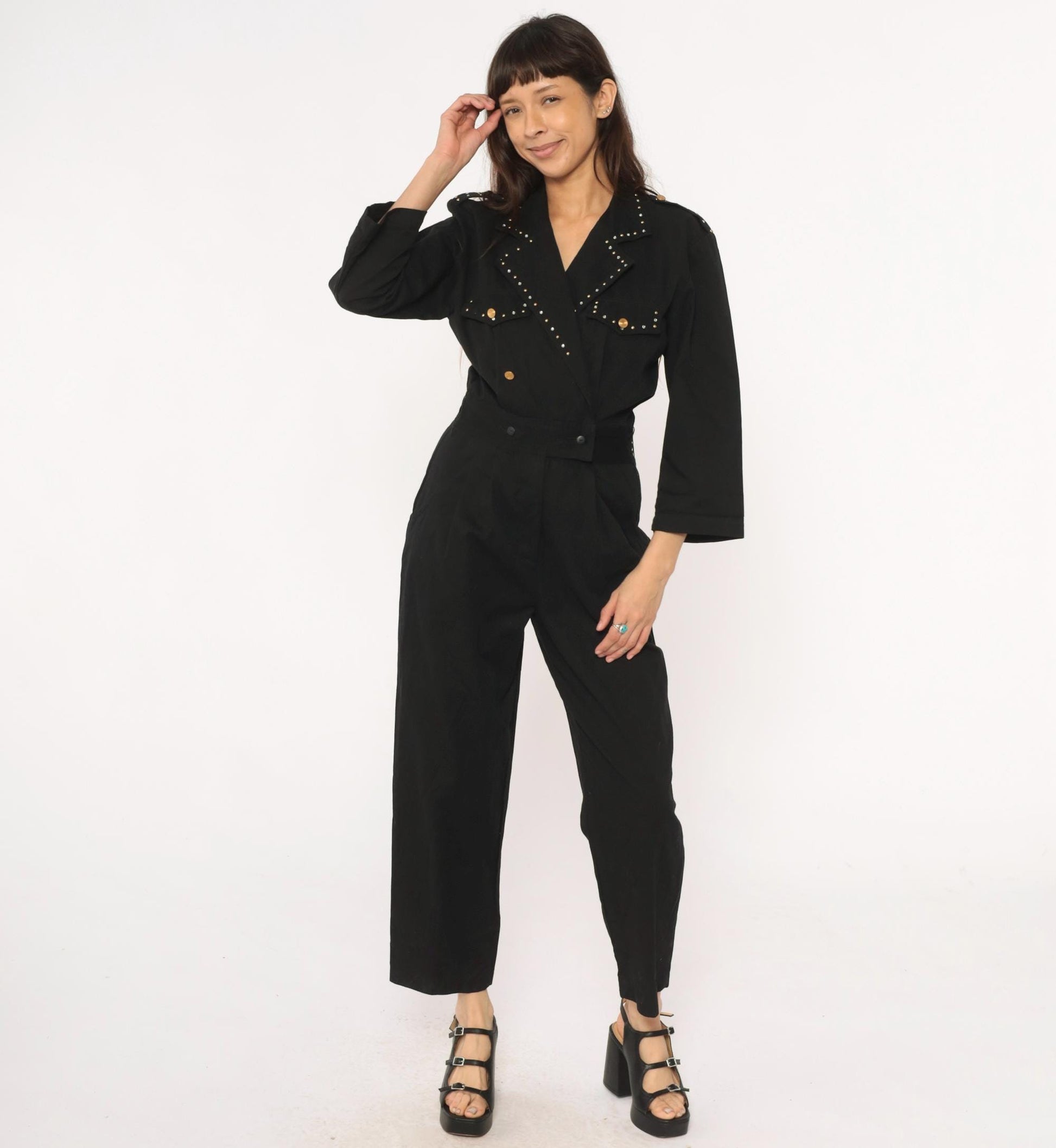 90s D Frank Black Cotton Jumpsuit Rhinestone V-Neck Wide Leg Small S