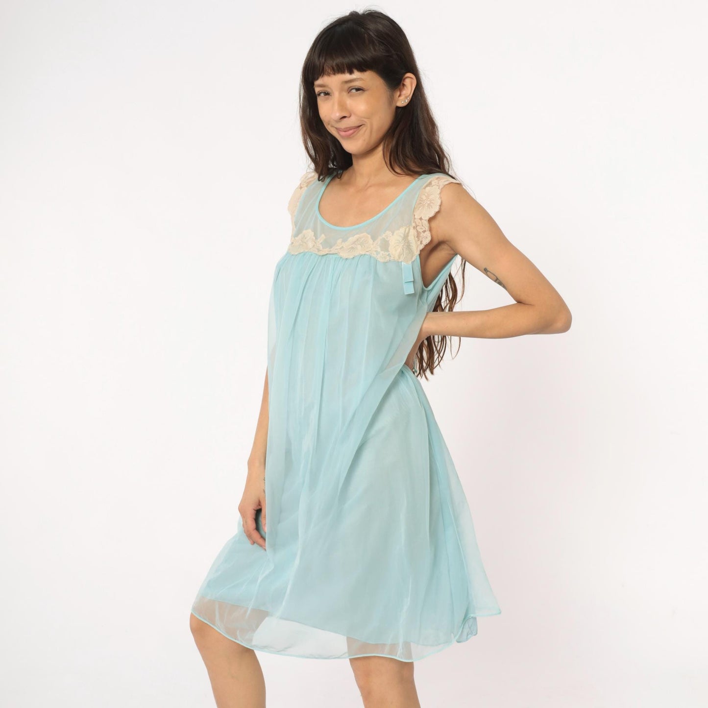 70s Aqua Babydoll Nightgown Sheer Lace Empire Waist Negligee Medium