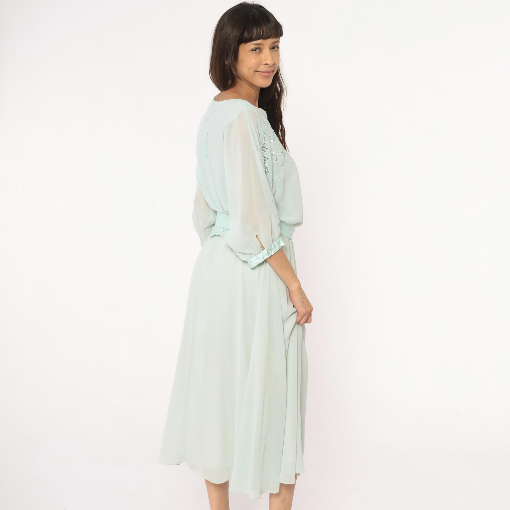 80s Ursula Mint Green Midi Dress Embroidered Floral Cutwork Sheer Large