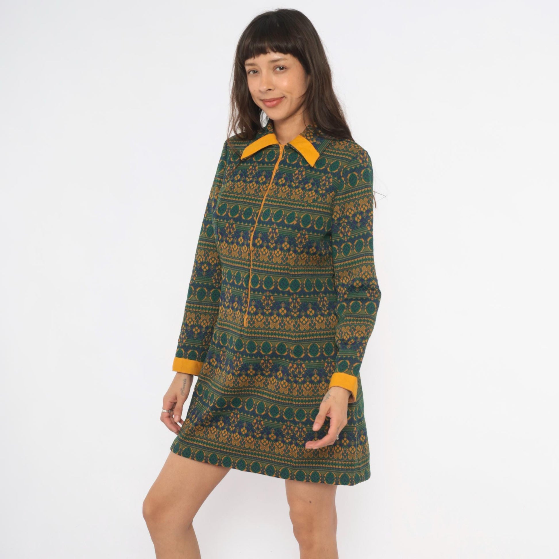 70s NPC Fashions Tapestry Mini Dress Forest Green Gold Jacquard Zip Collar Large L