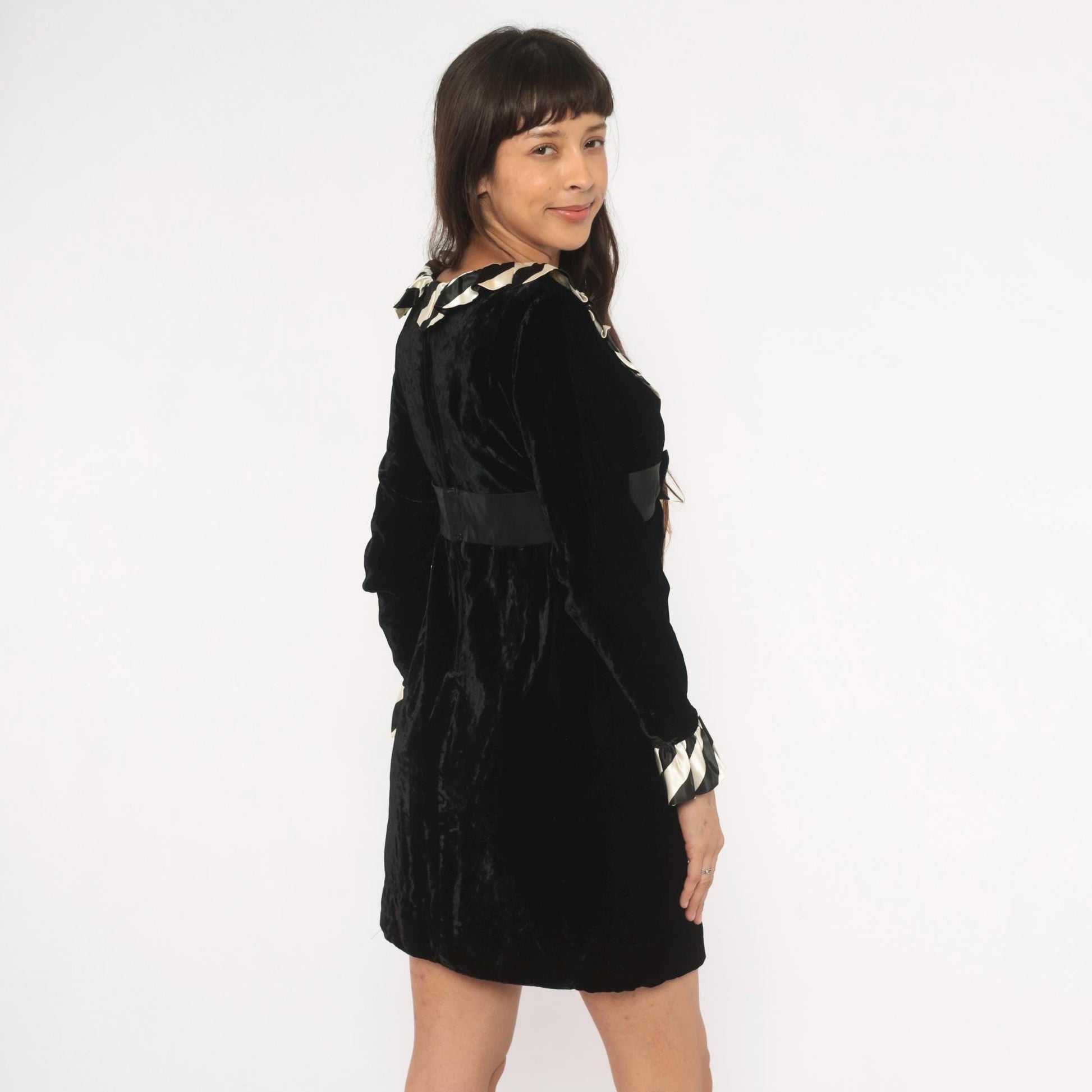 60s Andine Original Velvet Mini Dress Black Striped Ruffle Collar Small S