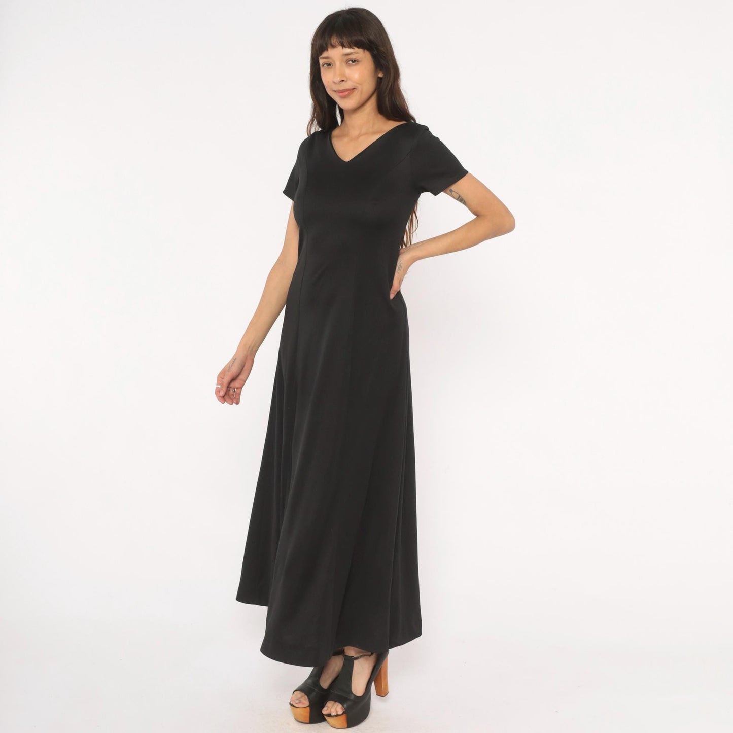 90s Black Maxi Dress V Neck Short Sleeve A Line Formal Gown Small S