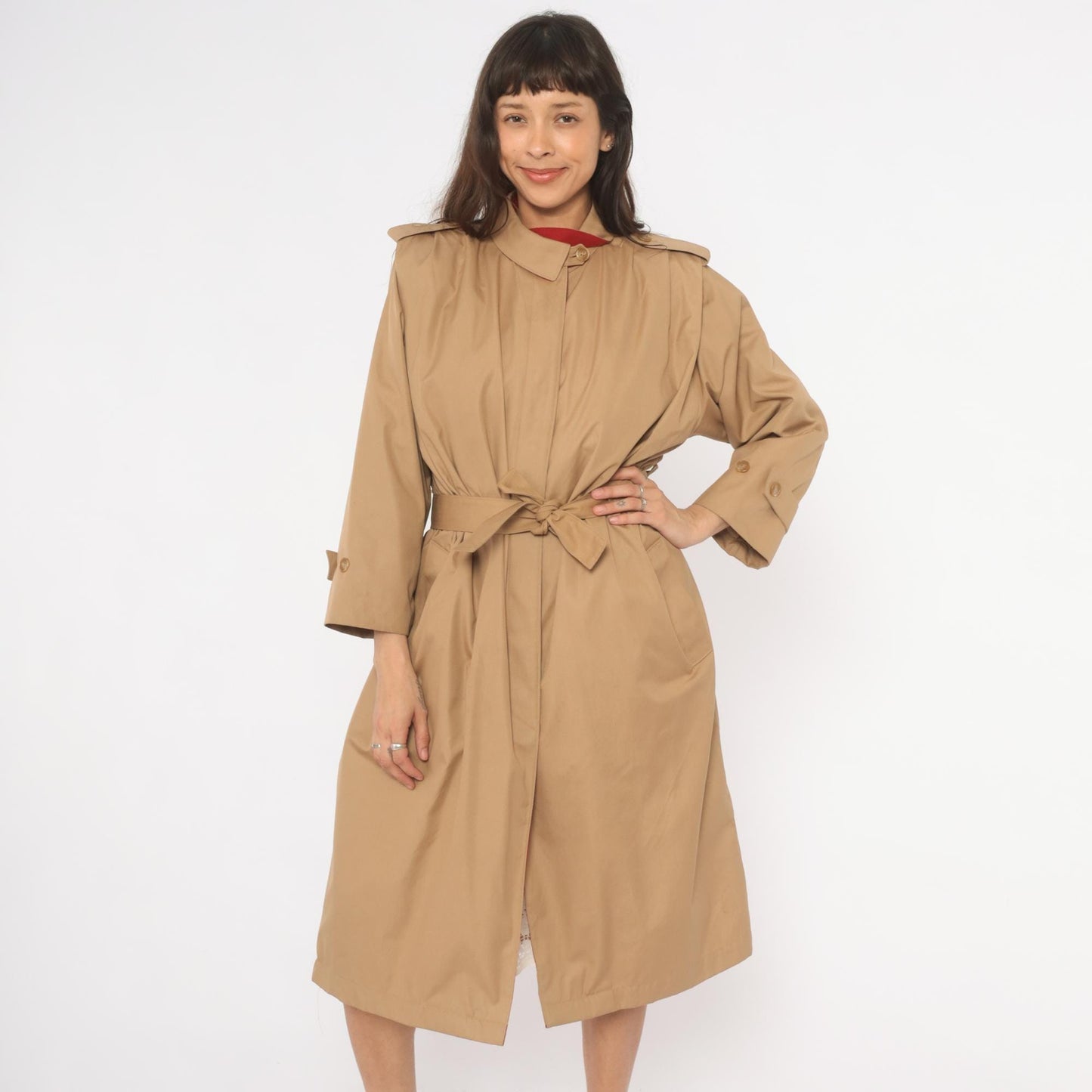 80s Tan Trench Coat Red Lined Button Front Epaulette Knee Length Large L