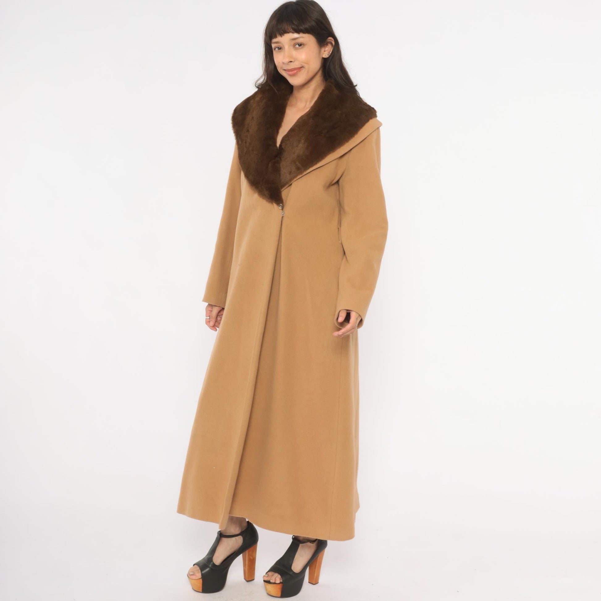 90s Spiegel Wool Cashmere Camel Coat Fur Collar Ankle Length Tan Medium M