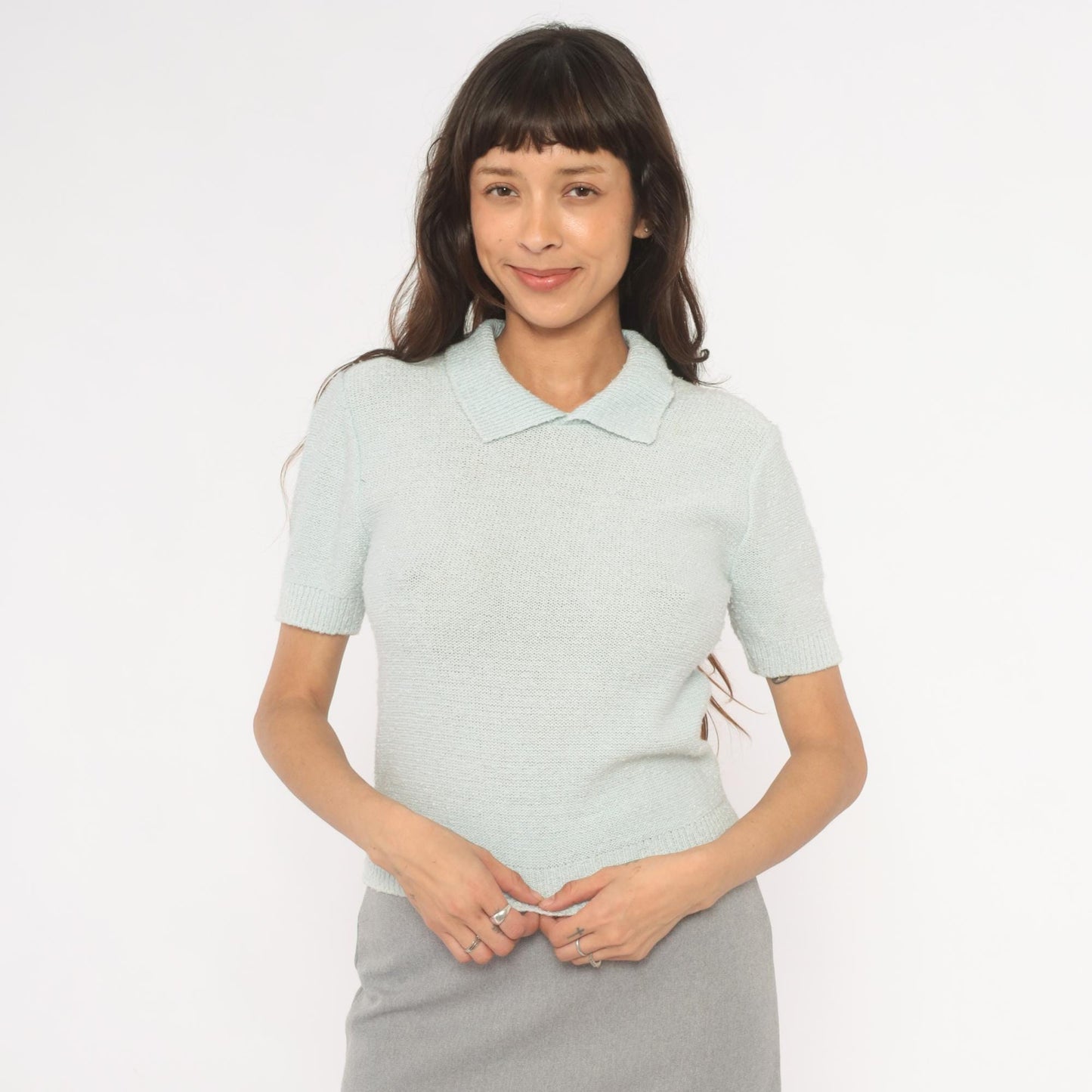 70s Chris Ann Mint Knit Polo V-Neck Collared Pullover Small S