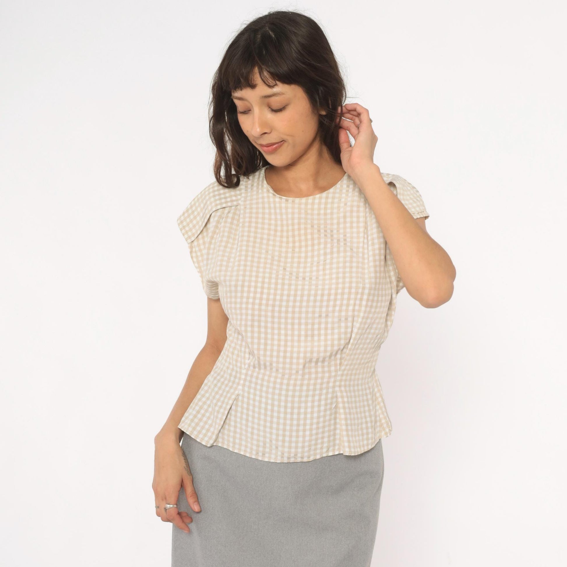 80s Componix Gingham Cap Sleeve Blouse Tan White Pintuck Peplum Medium