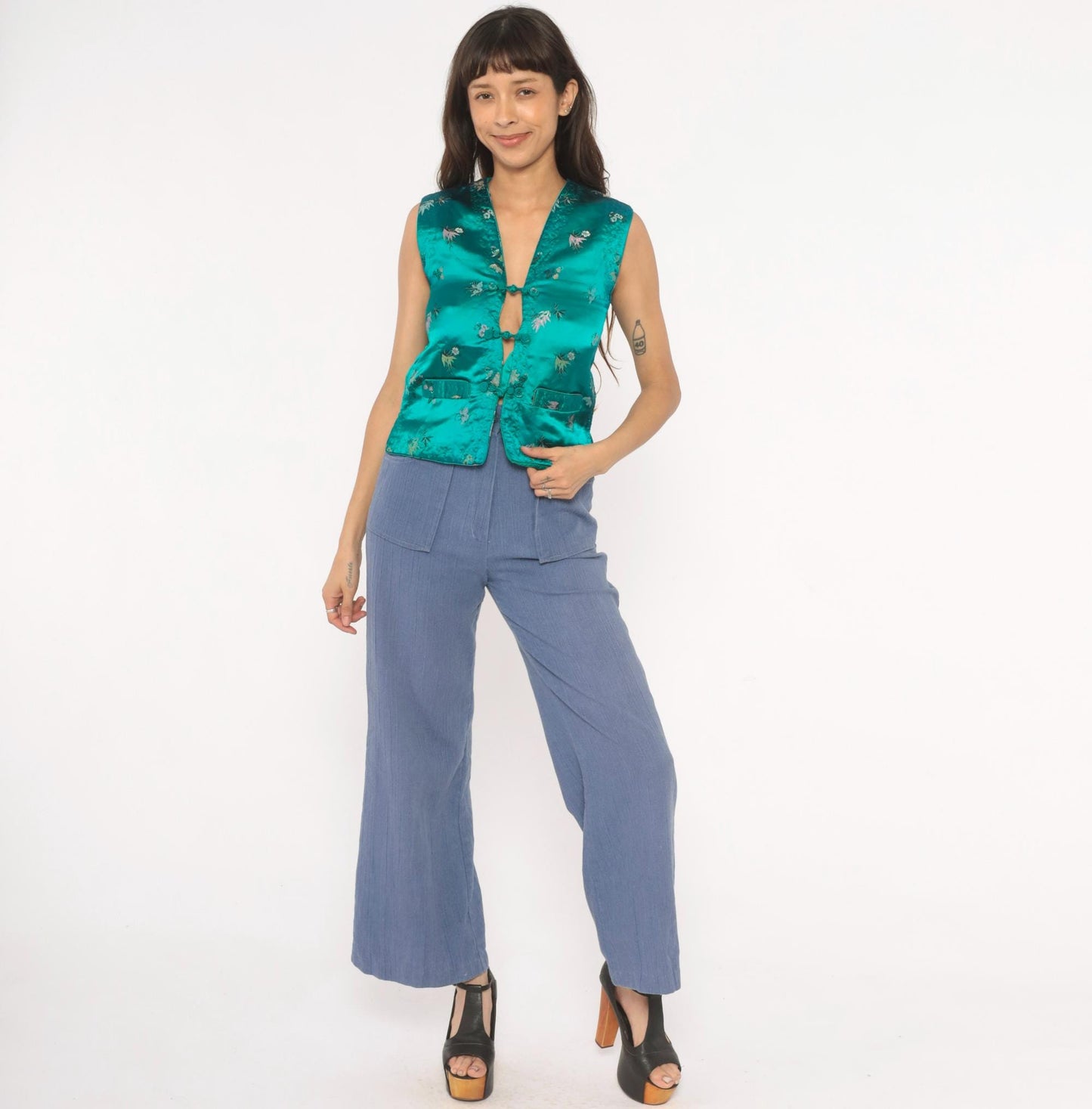80s Esme Teal Satin Brocade Vest Floral Embroidered Frog Button Sleeveless Extra Small