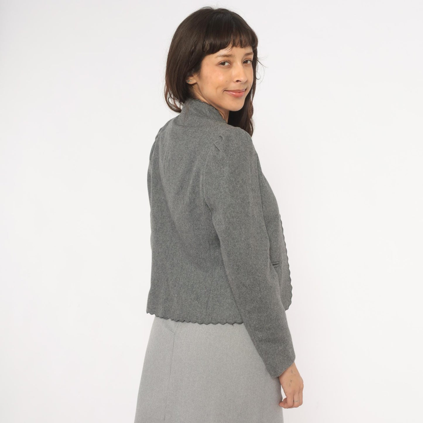 80s Sasson Grey Scalloped Blazer Puff Sleeve Mandarin Collar Cropped Small S