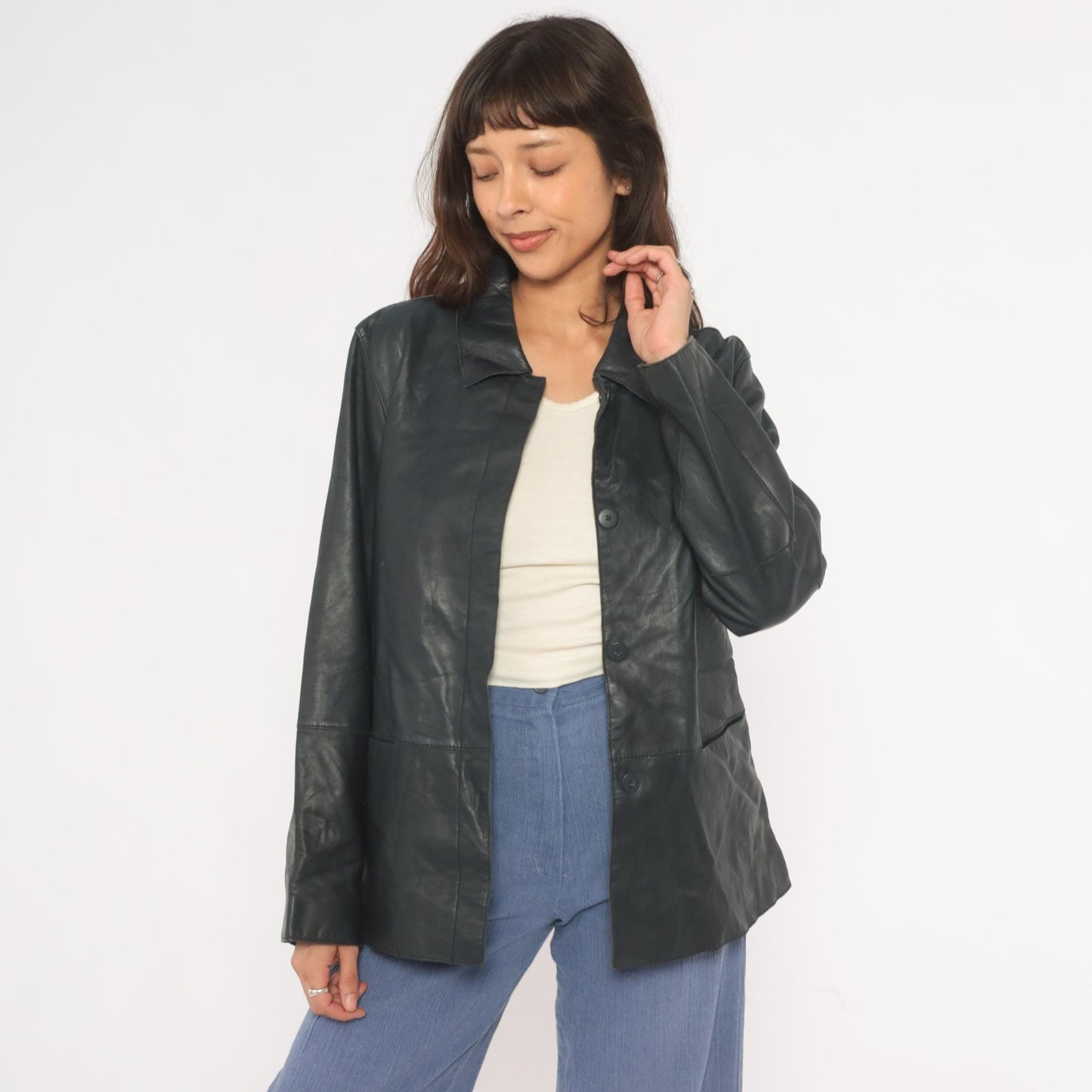 90s Katherine Kelly Black Lambskin Leather Jacket Button Front Large L