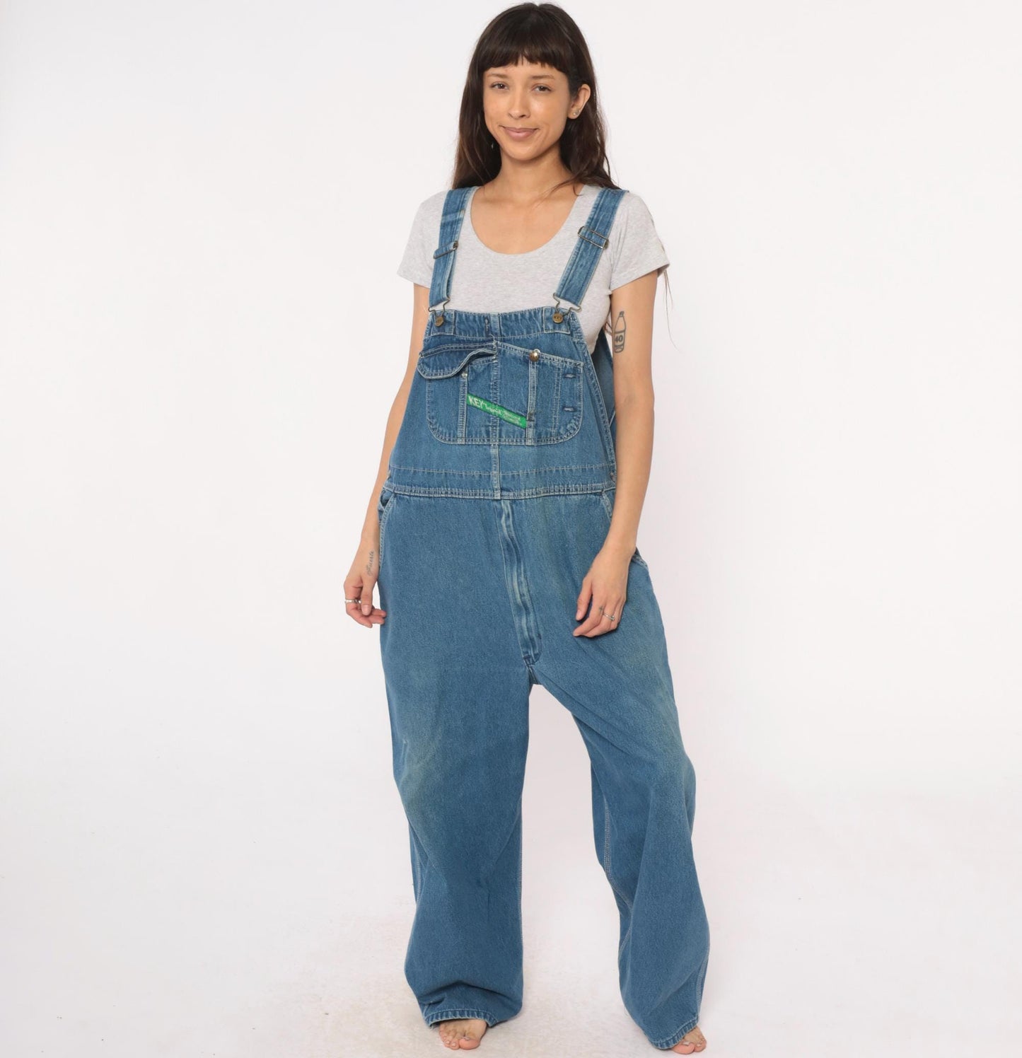 90s Key Denim Overalls Medium Blue Wide Leg Bib Dungarees Utility Pockets