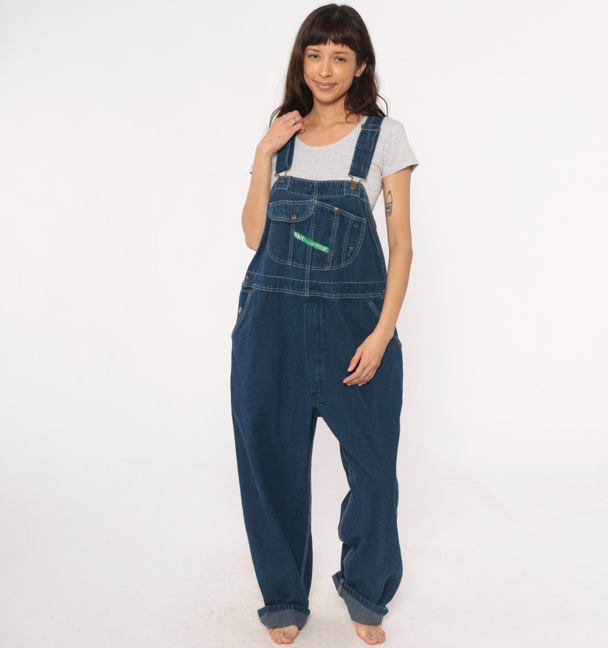 90s Key Imperial Navy Denim Overalls Cargo Pockets Utility Extra Large XL