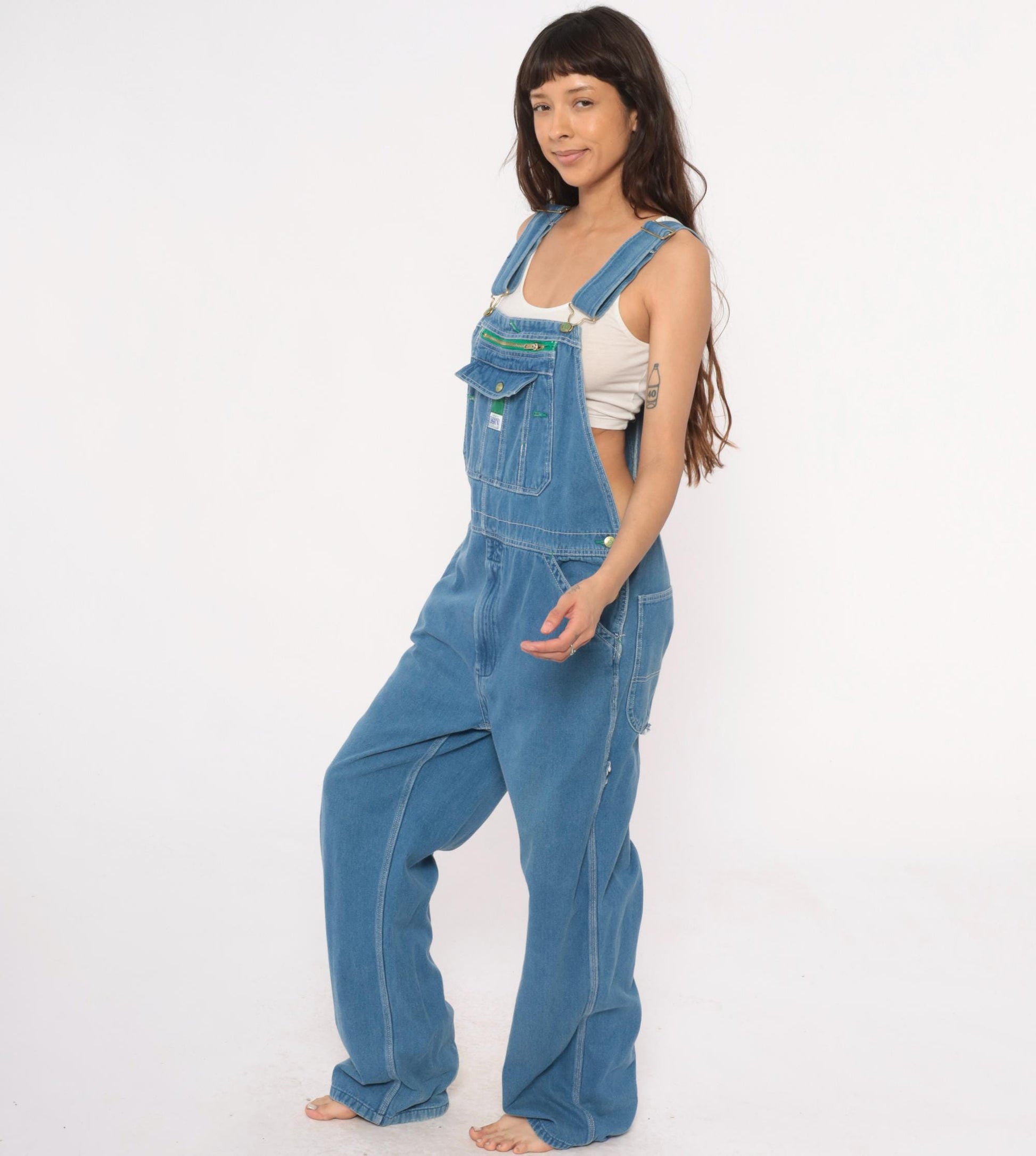 90s Liberty Denim Overalls Blue Green Stitching Unisex Medium