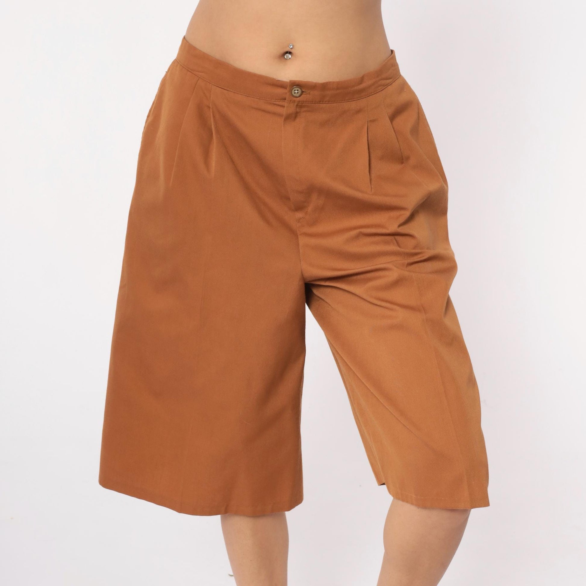 80s Camel Pleated High-Waist Shorts Tailored Wide Leg Medium