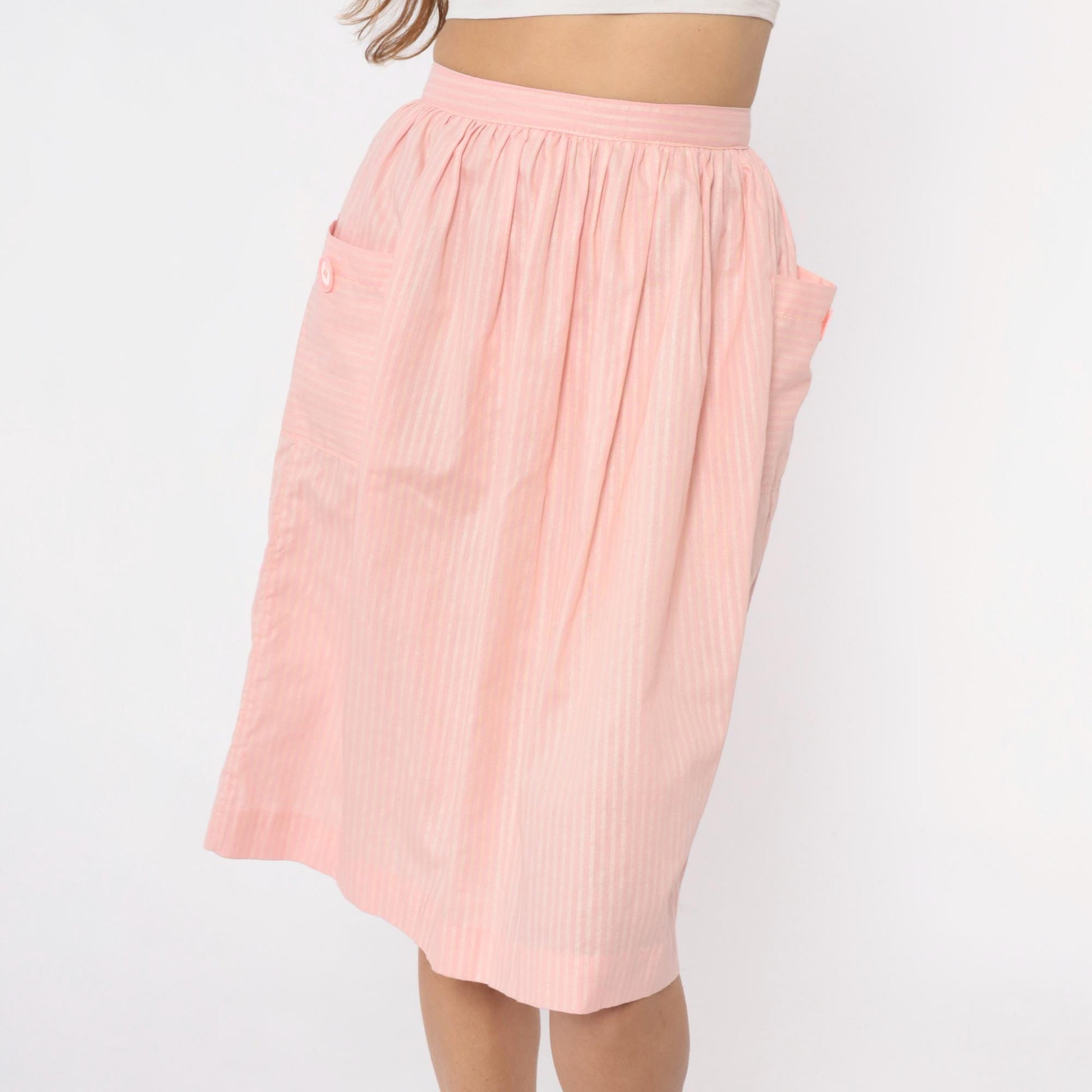 60s Pink Striped Cotton Skirt High Waist Pleated Knee Length Extra Small XS