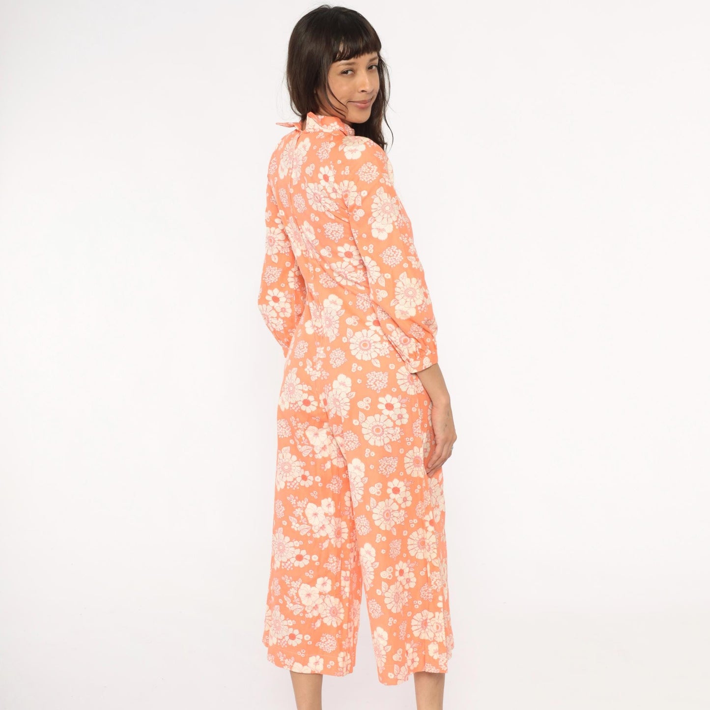 70s Orange Floral Jumpsuit Mock Neck Wide Leg Cream White Cotton Small