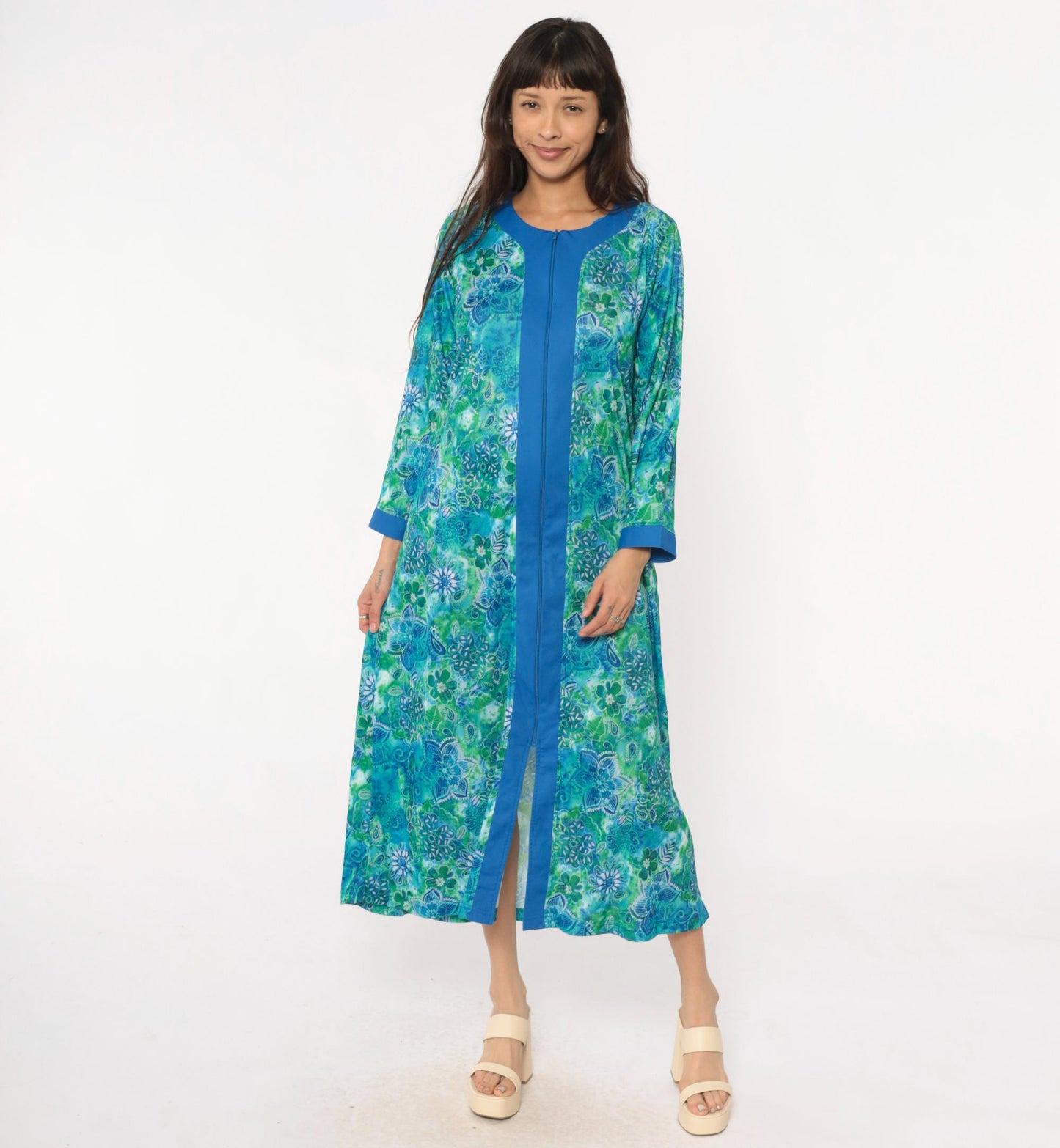 90s Botanical Print Maxi Robe Blue Green Zip Front Long Sleeve Medium M