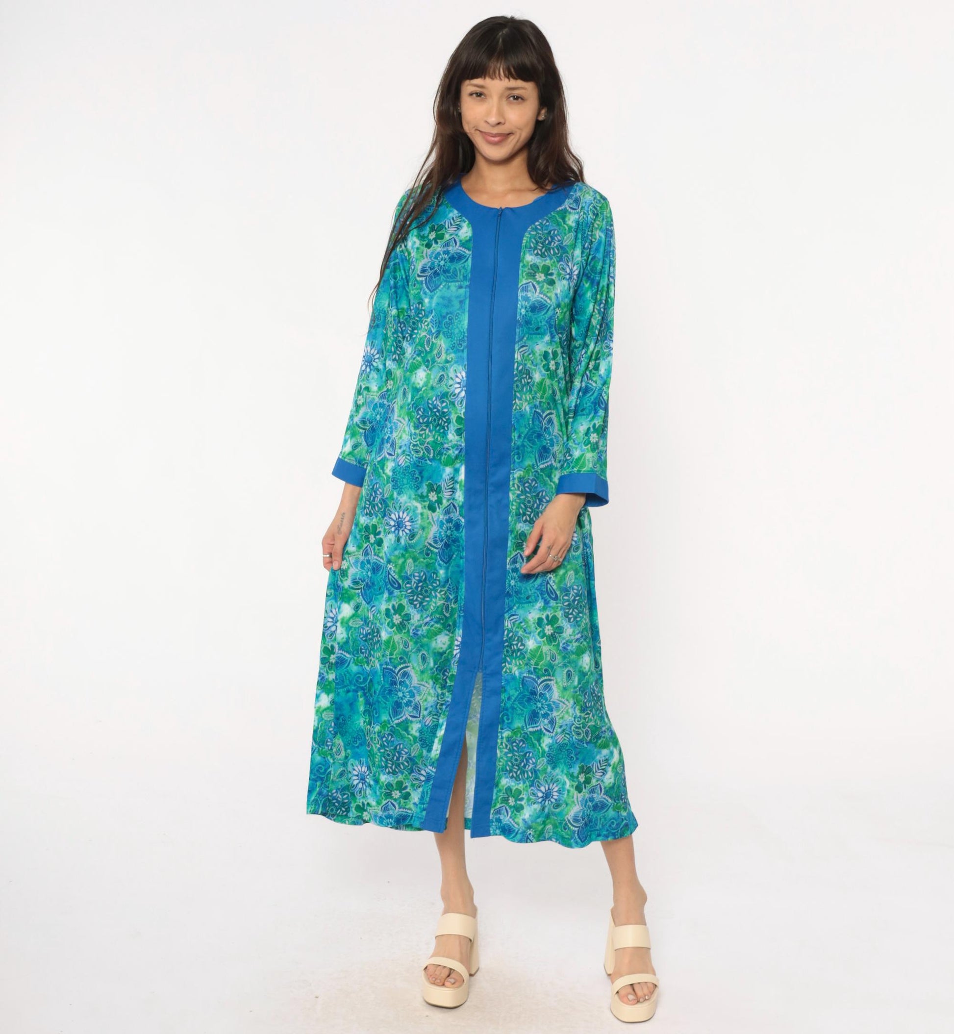 90s Botanical Print Maxi Robe Blue Green Zip Front Long Sleeve Medium M