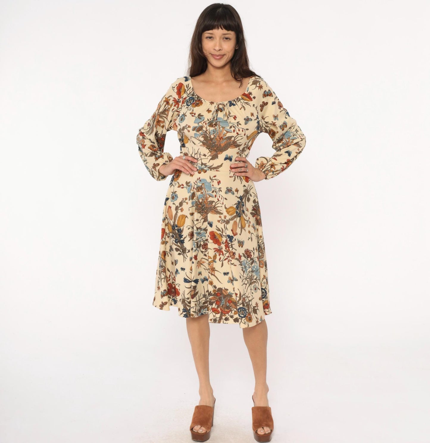 70s Mushroom Butterfly Floral Dress Cream Drawstring Peasant Small