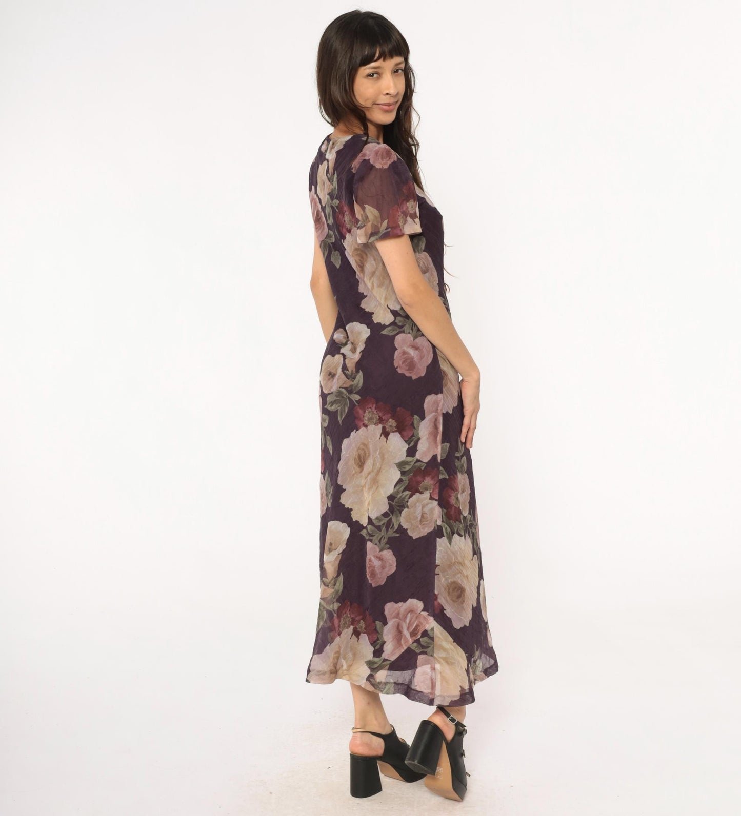 90s Jessica Howard Floral Maxi Dress Purple Rose Print Short Sleeve Medium
