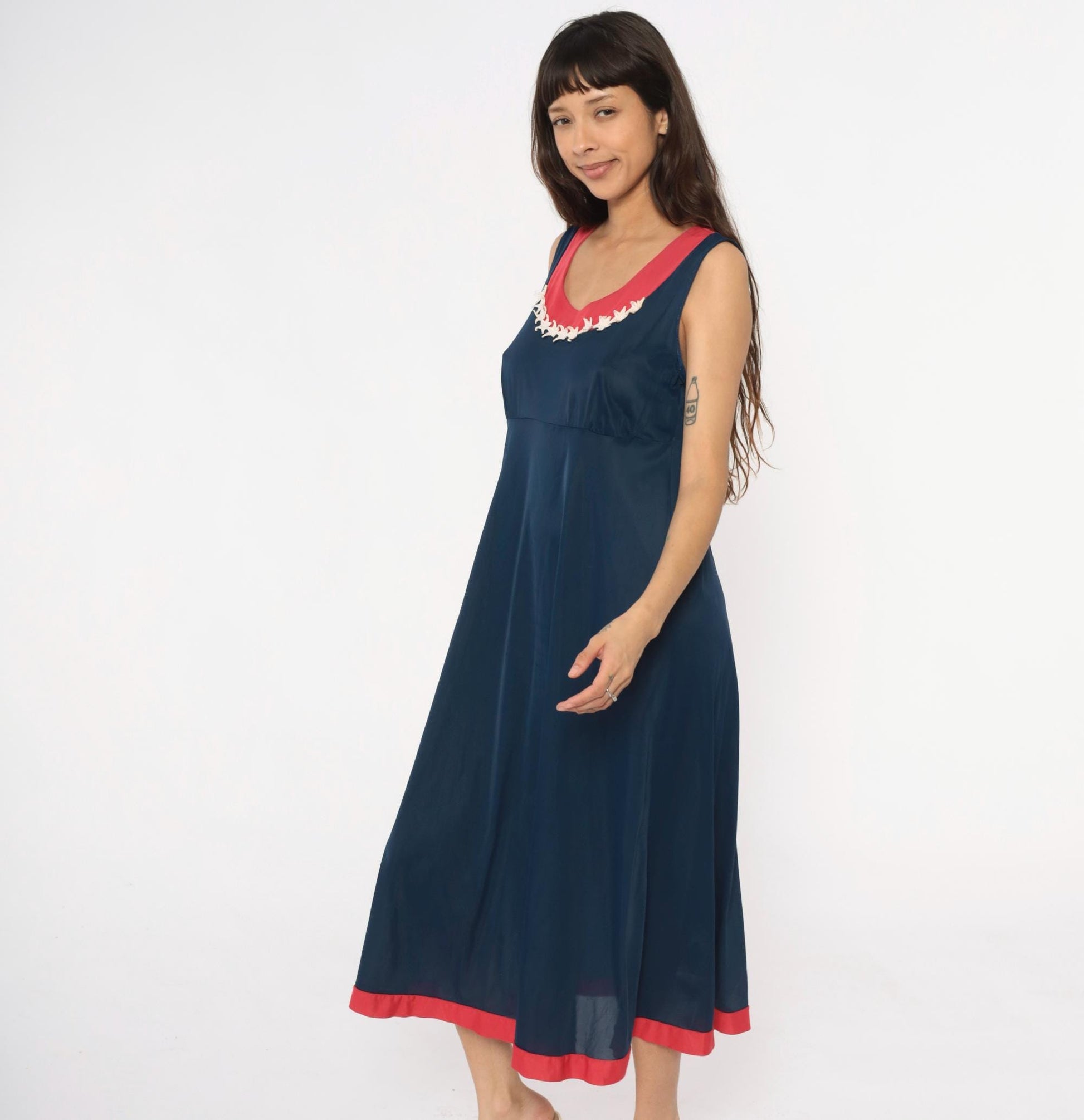 70s Navy Maxi Dress Stars Embroidered Red Trim Empire Waist Medium