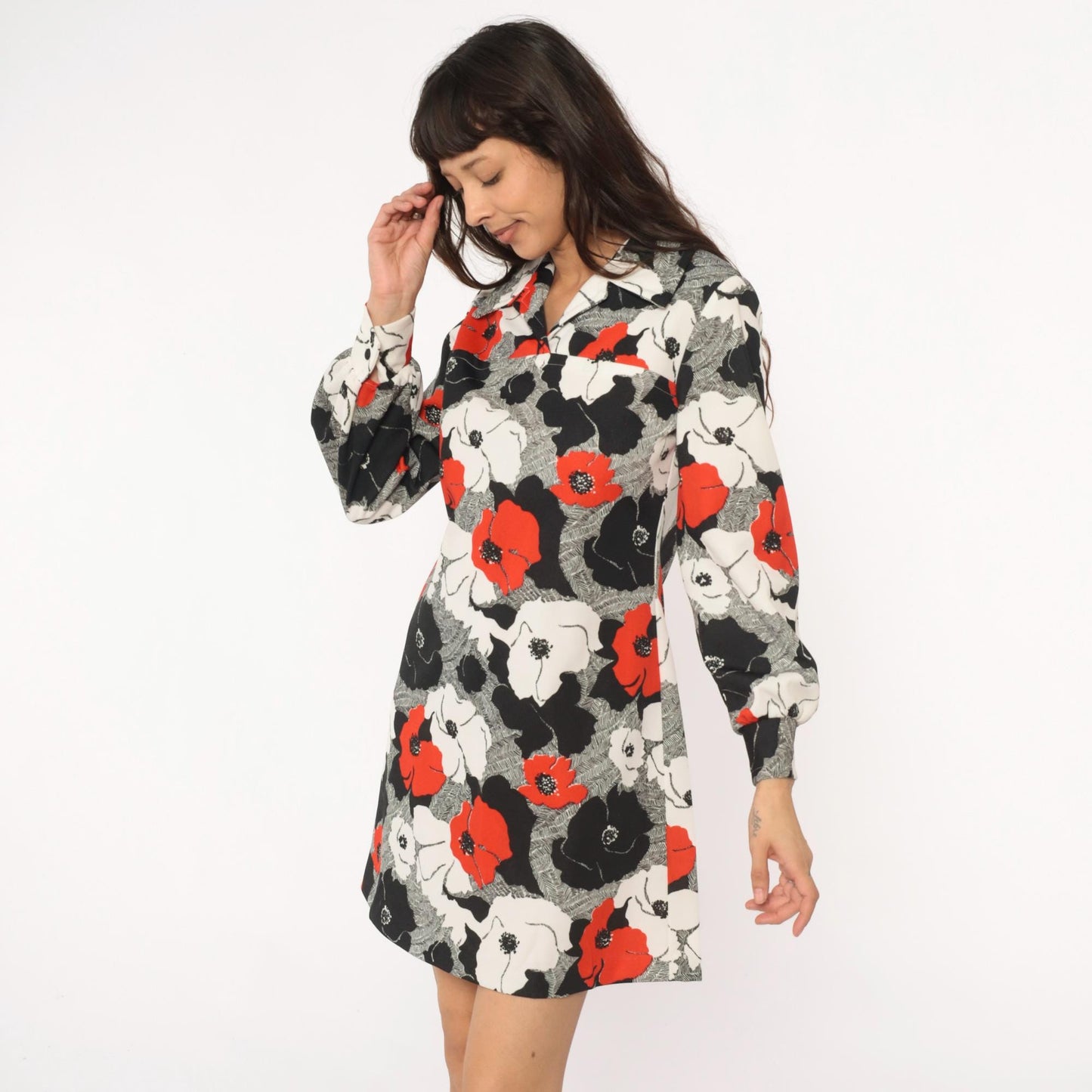 70s Floral Shift Dress Red Black White Poppy Print Collared Long Sleeve Large L