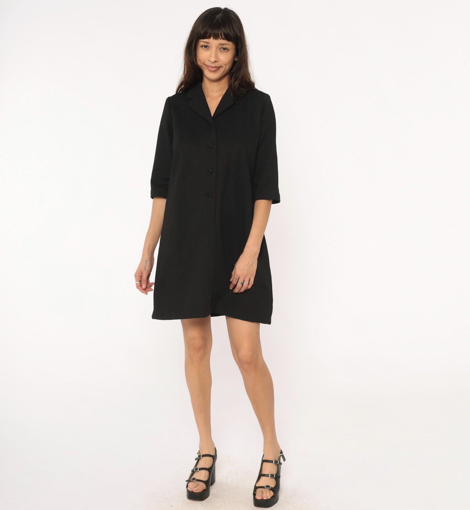 70s Black Shift Dress Button Front Lapel 3/4 Sleeve Knee Length Large